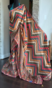 Satin Maslin Silk Printed - Beige Multi color Chevron