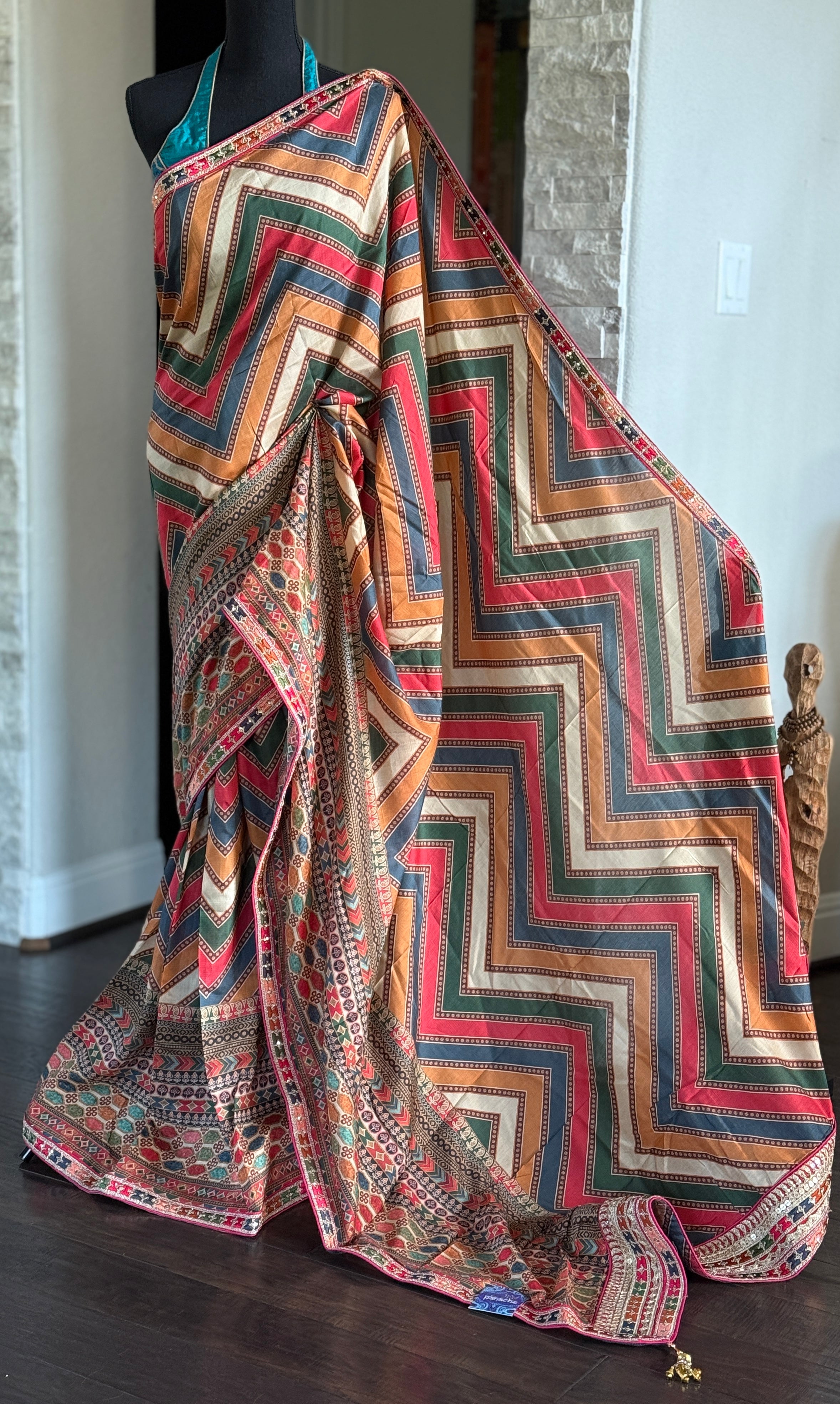 Satin Maslin Silk Printed - Beige Multi color Chevron