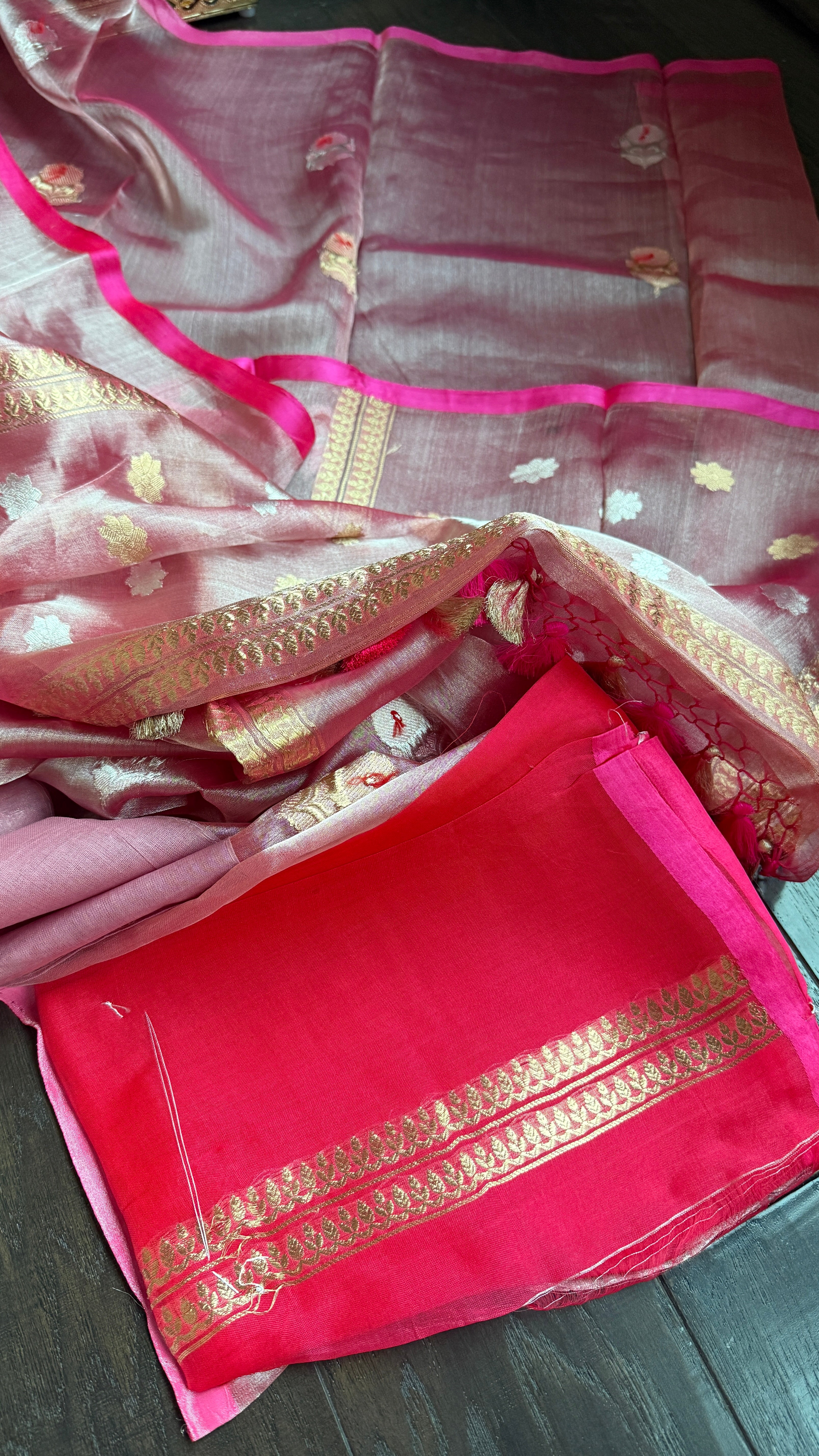 Tissue Organza Silk Banarasi - Pink Metallic Meenakari