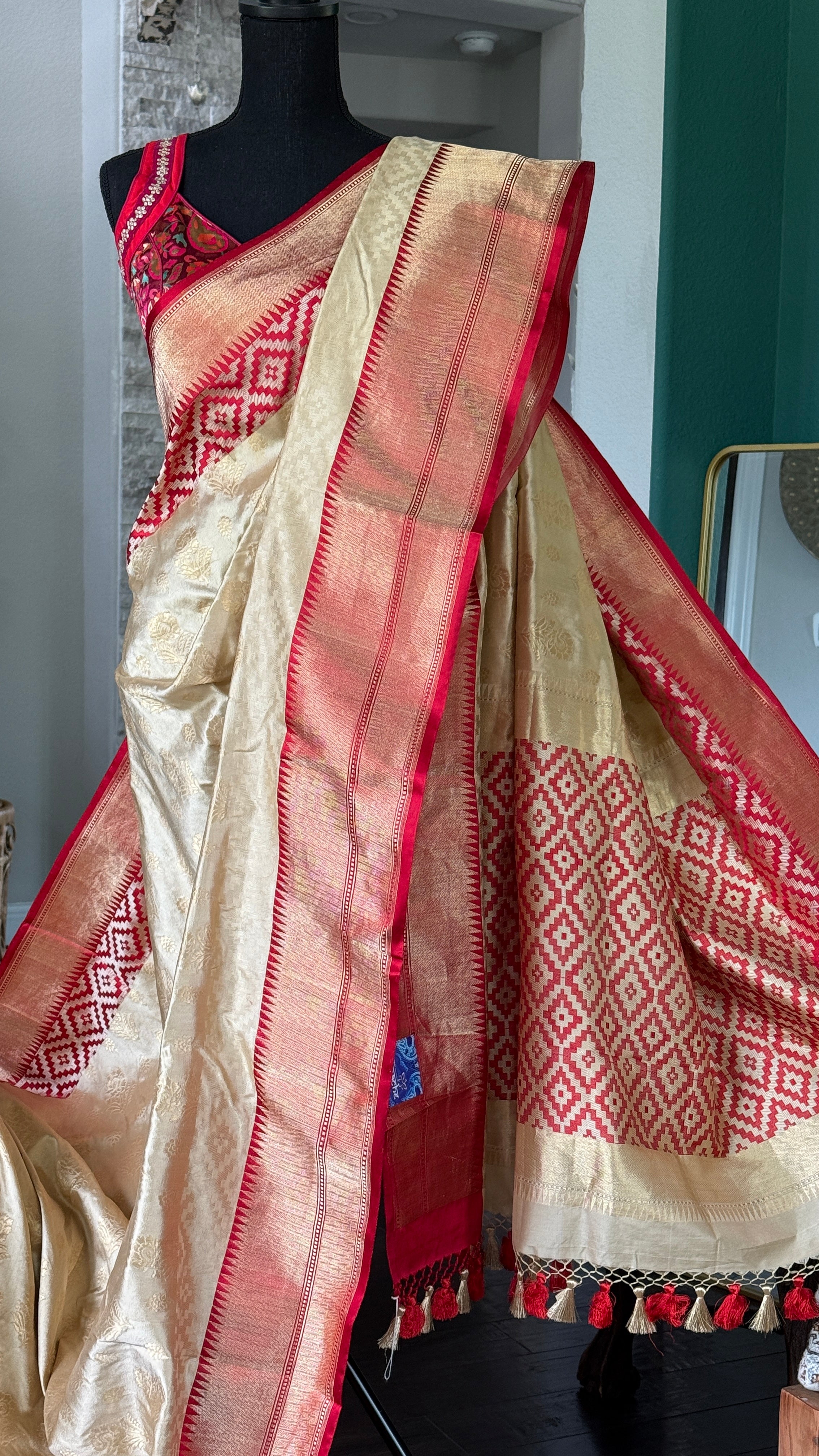 Pure Katan Silk Banarasi - Golden Beige Red Kadwa woven