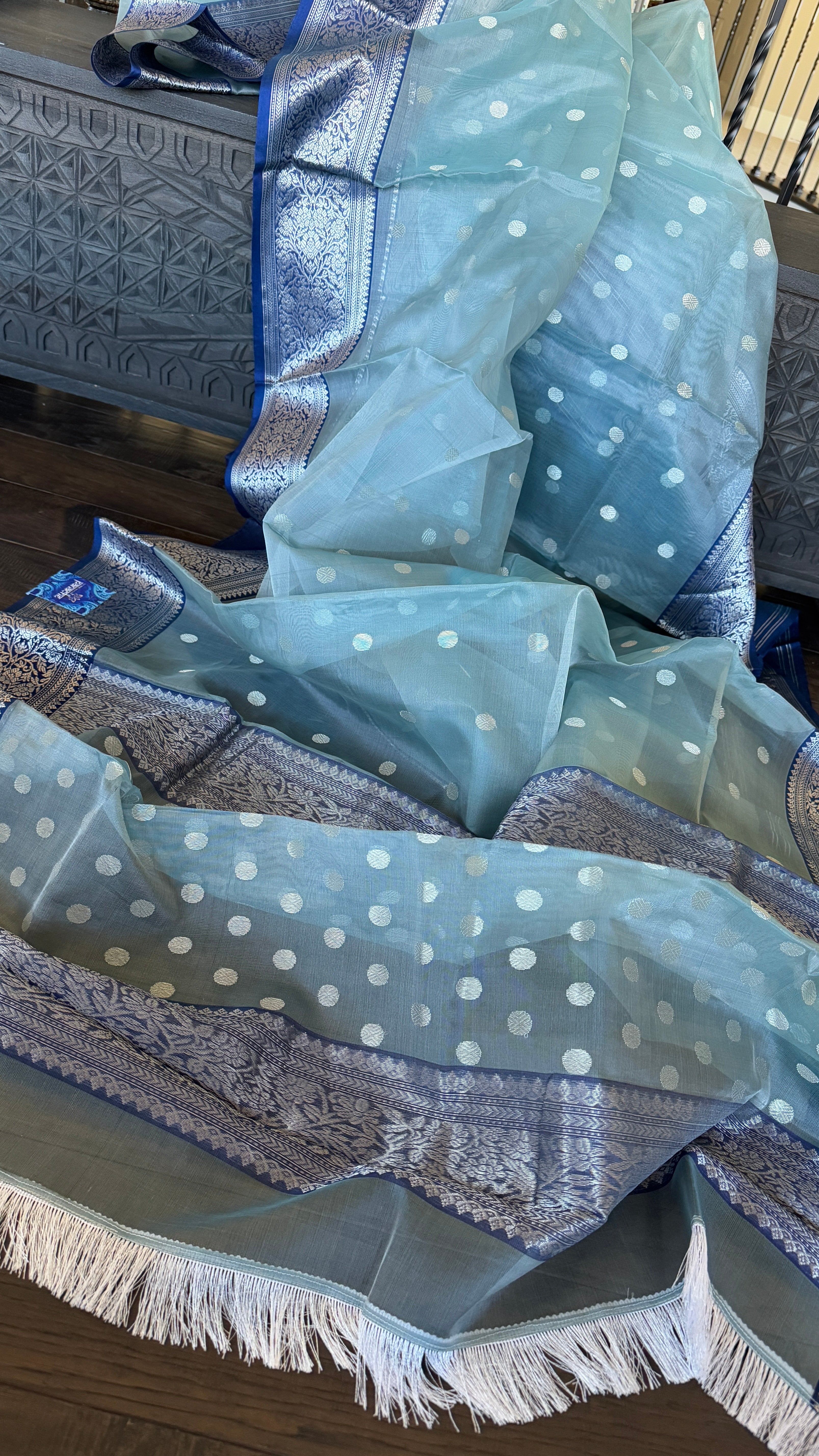 Chanderi Organza Silk - Light Aqua grey Blue