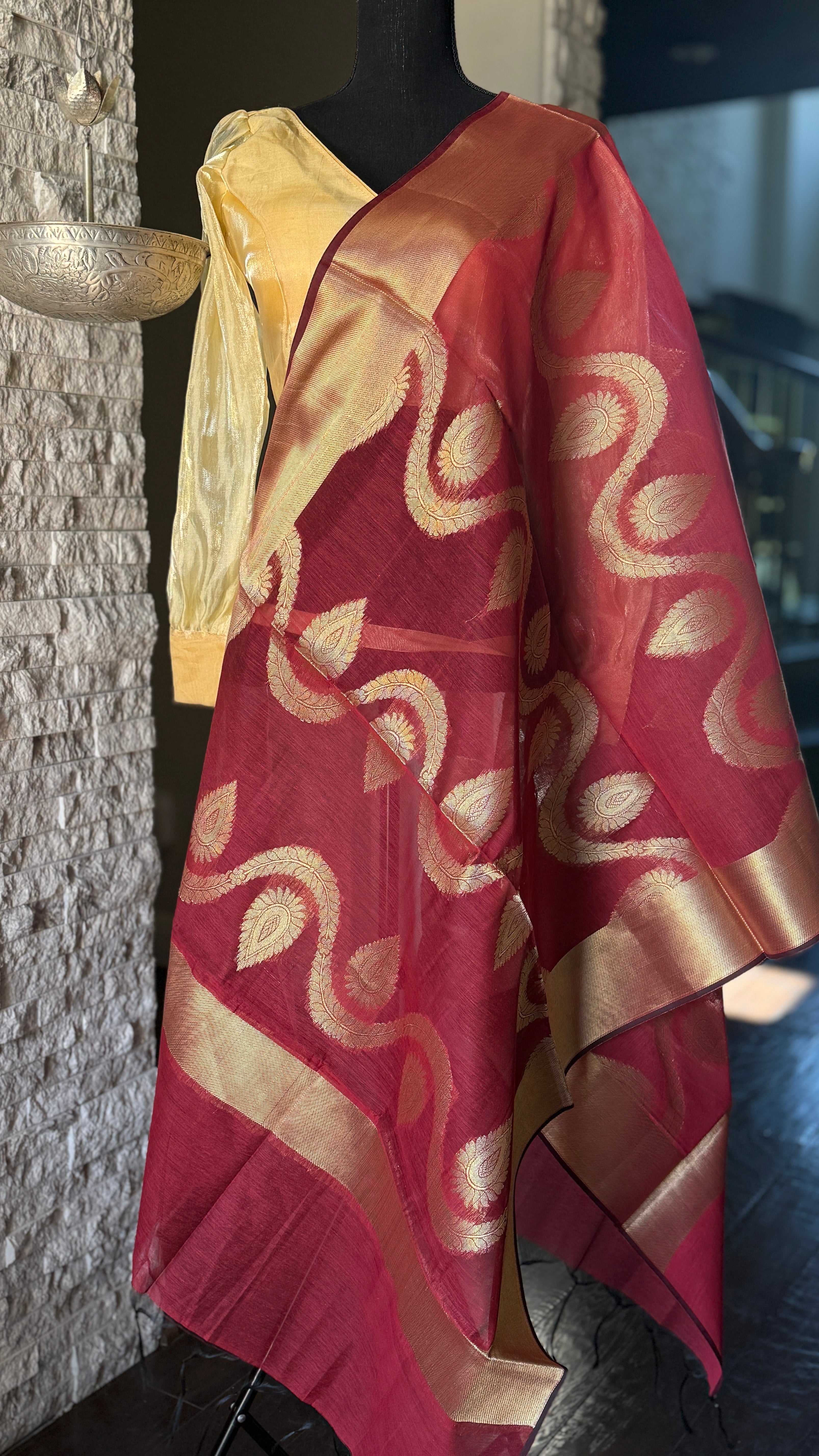 Silk Cotton Dupatta - Maroon 2 Golden Zari
