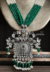 Silver Long Necklace - Statement Pendant Beaded
