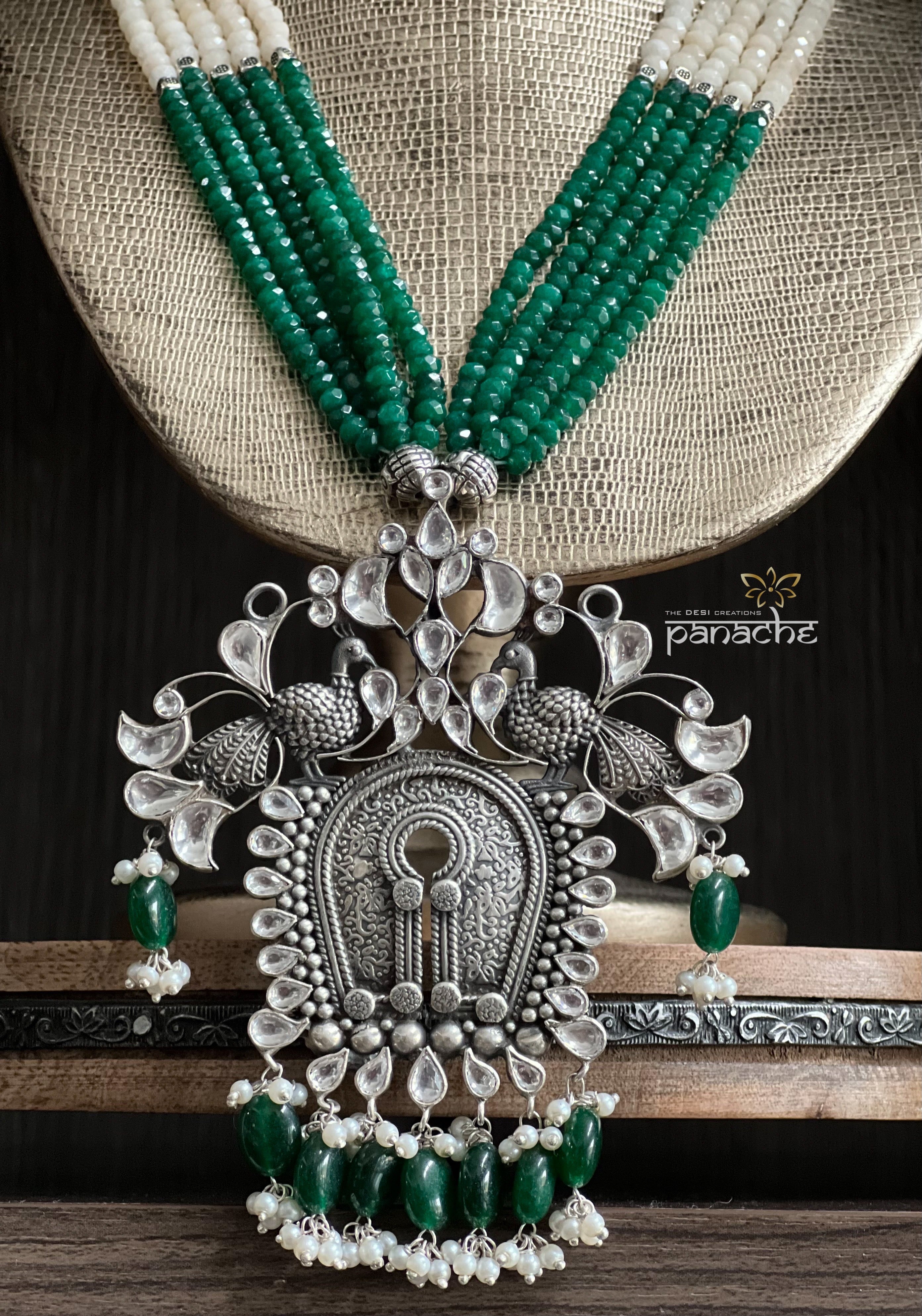 Silver Long Necklace - Statement Pendant Beaded