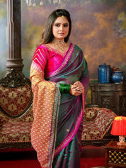 Hand Zardozi Pure Chanderi Pattu Silk - Green Pink Dual Shaded Pink