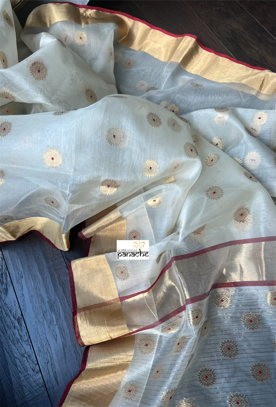 Pure Chanderi Organza Silk - Beige Golden Red Iknaliya