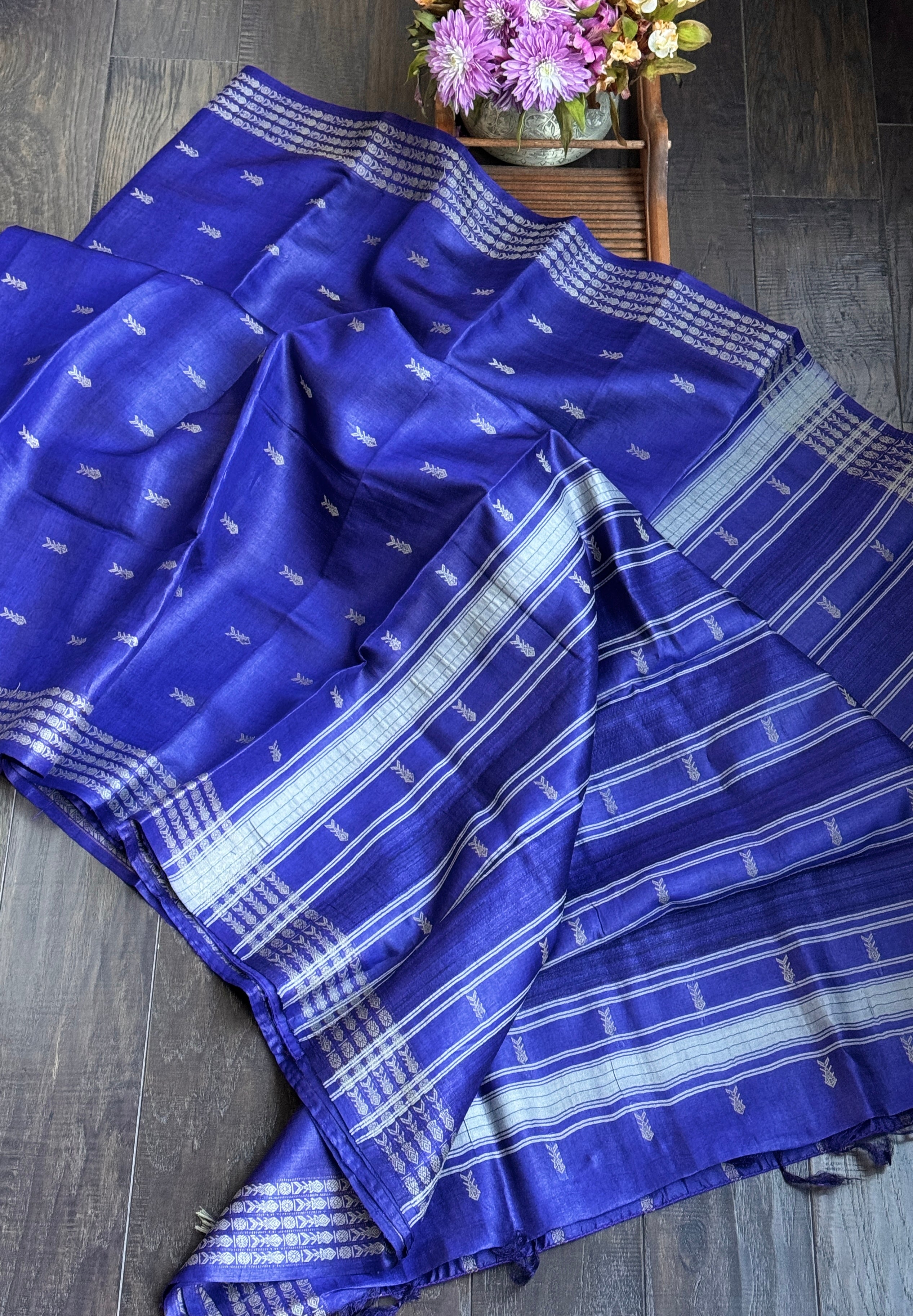 Handwoven Tussar Silk - Purplish Blue Golden Zari