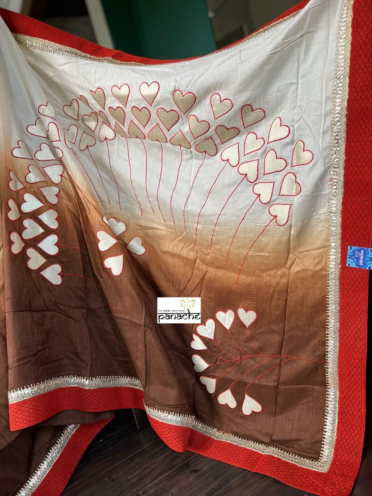 Designer Soft Silk Appliquéd Embroidered - Offwhite Brown Masaba Inspired