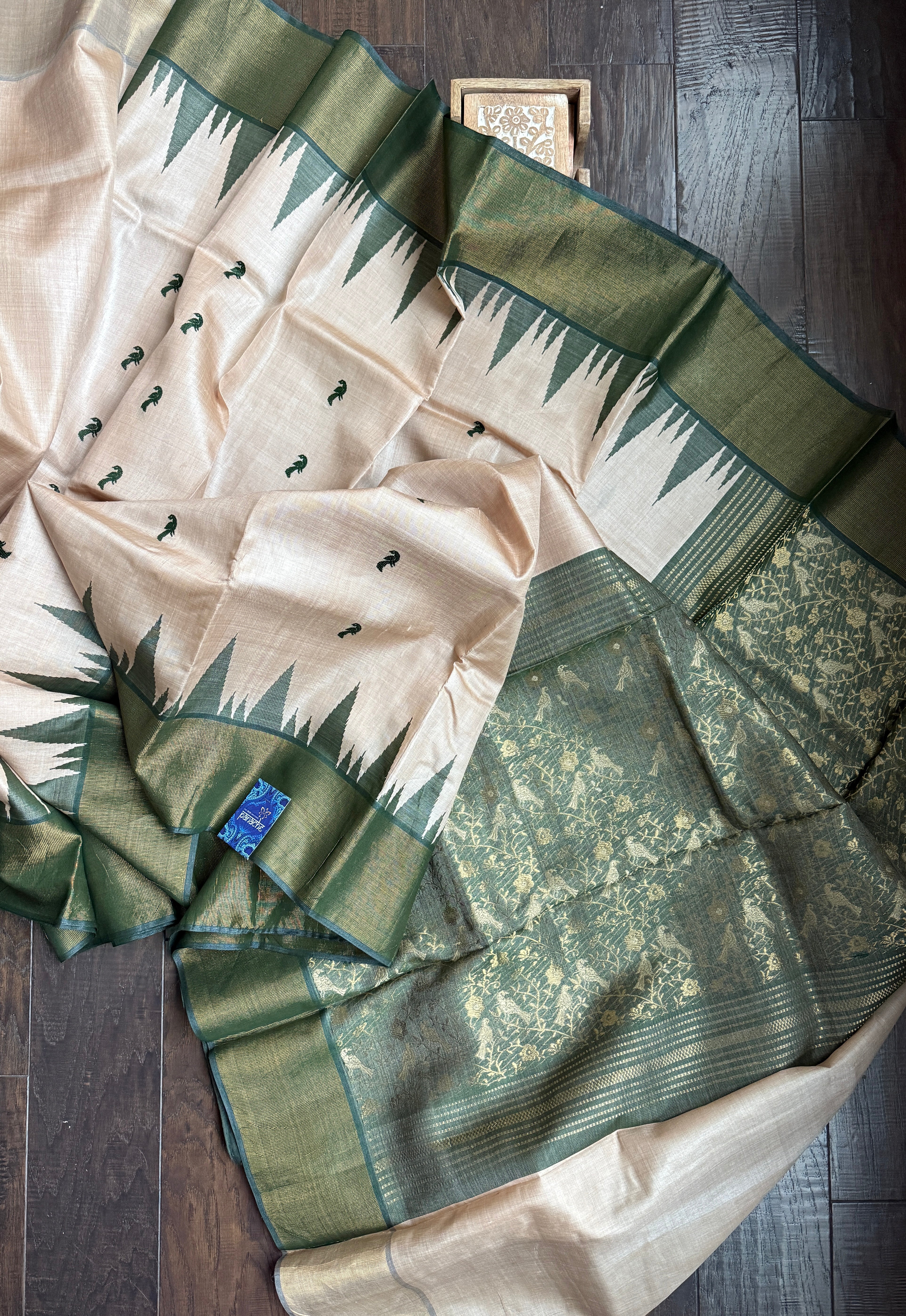 Pure Tussar Silk - Beige Dark Moss Green
