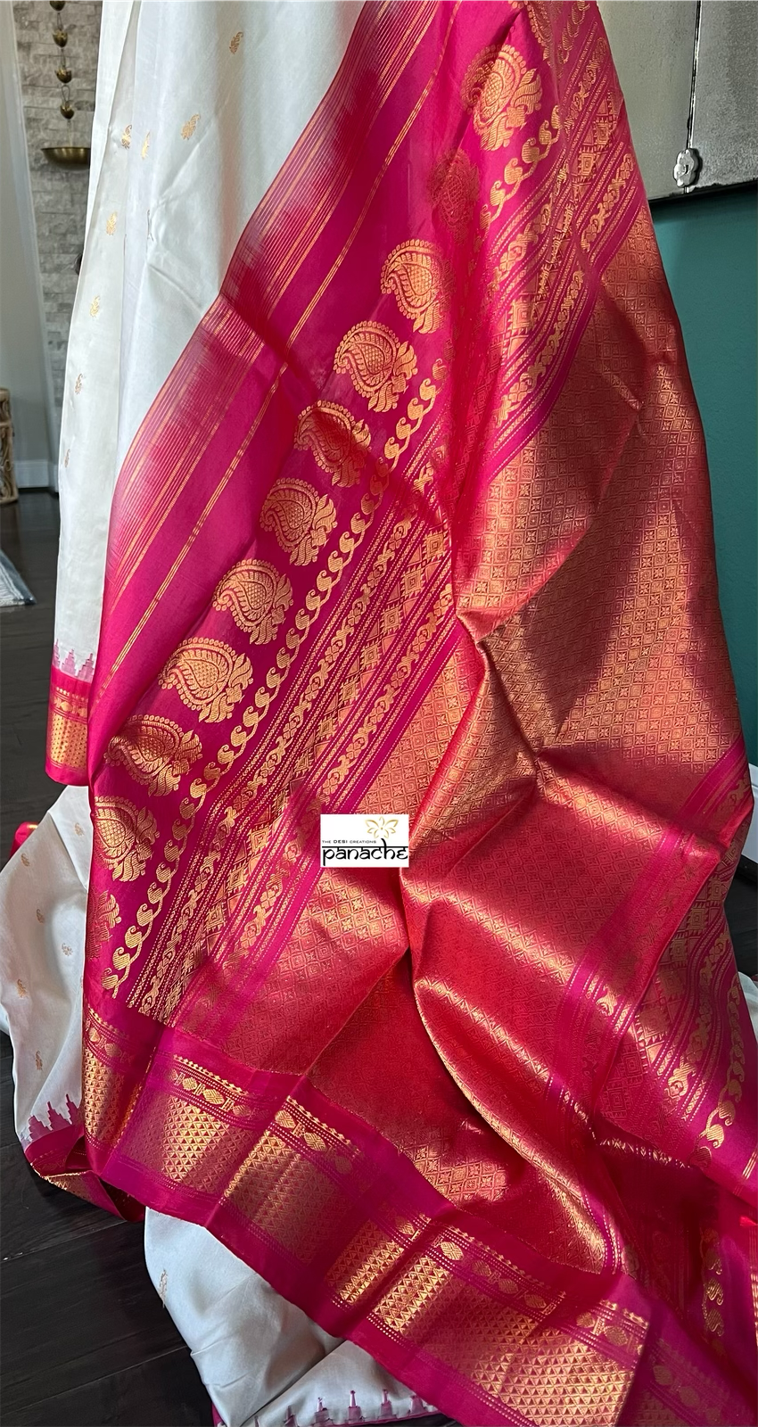 Pure Silk Gadwal - Grey Beige Raspberry Pink