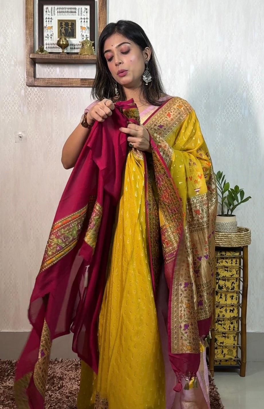 Khaddi Georgette Banarasi - Ochre Yellow Mahendi Paithani