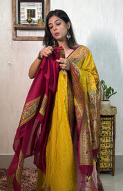 Khaddi Georgette Banarasi - Ochre Yellow Mahendi Paithani