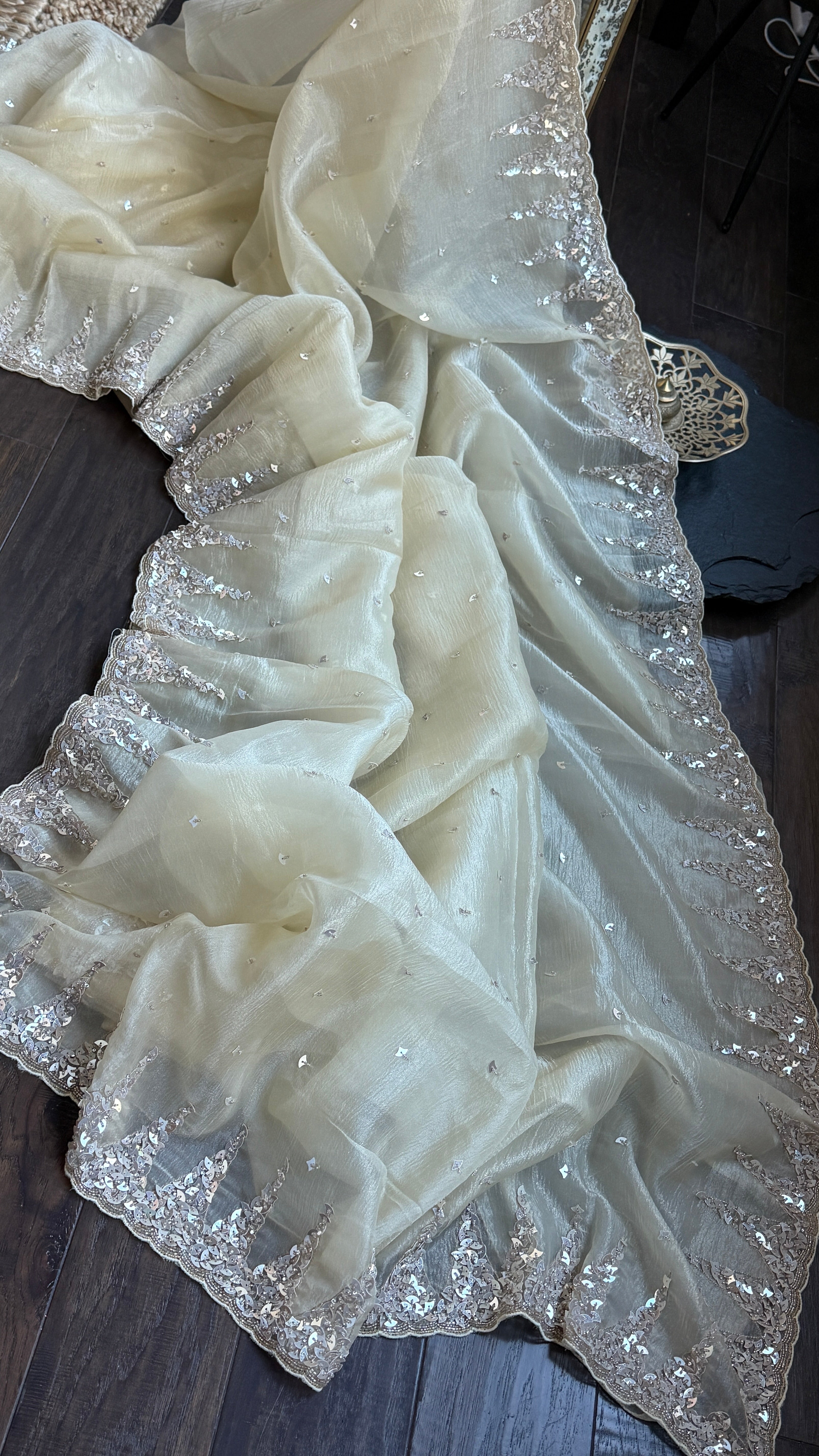 Designer Crushed Chiffon - Light Butter Yellow Sequin Hand Work