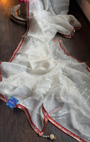 Designer Organza - Off White Silver Zari Leheriya