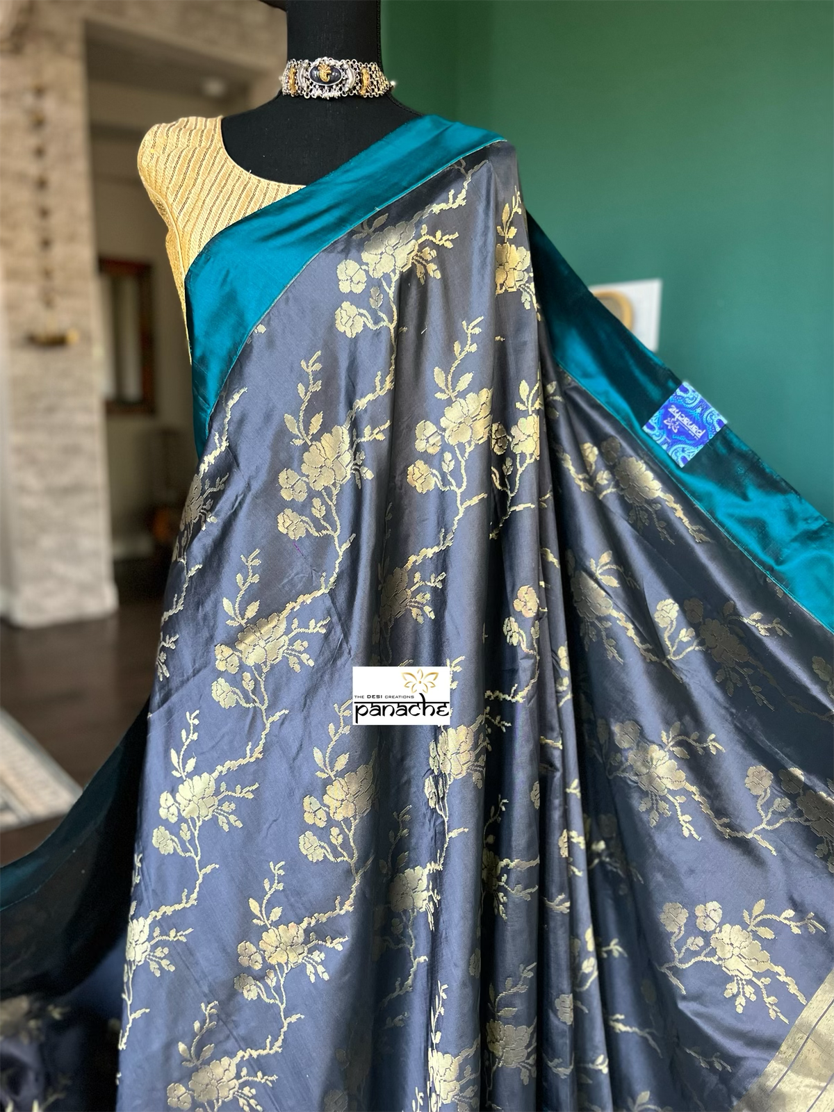 Pure Silk Katan Banarasi - Grey Teal Blue