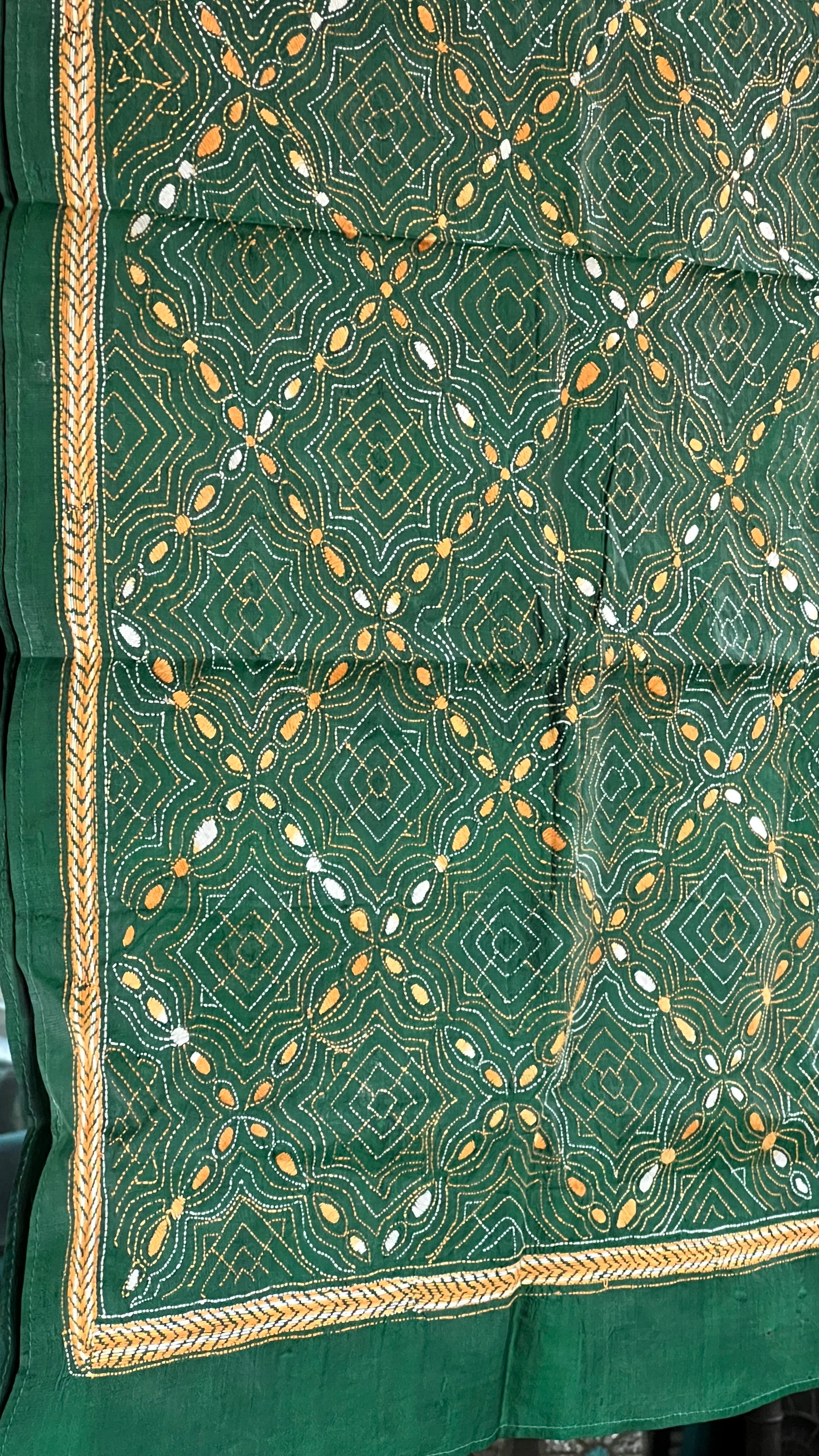 Pure Khadi Silk Stole - Bottle Green Kantha Stitch