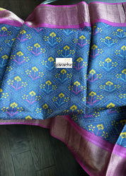 Pure Tussar Silk Digital Printed -  Blue Magenta Patola