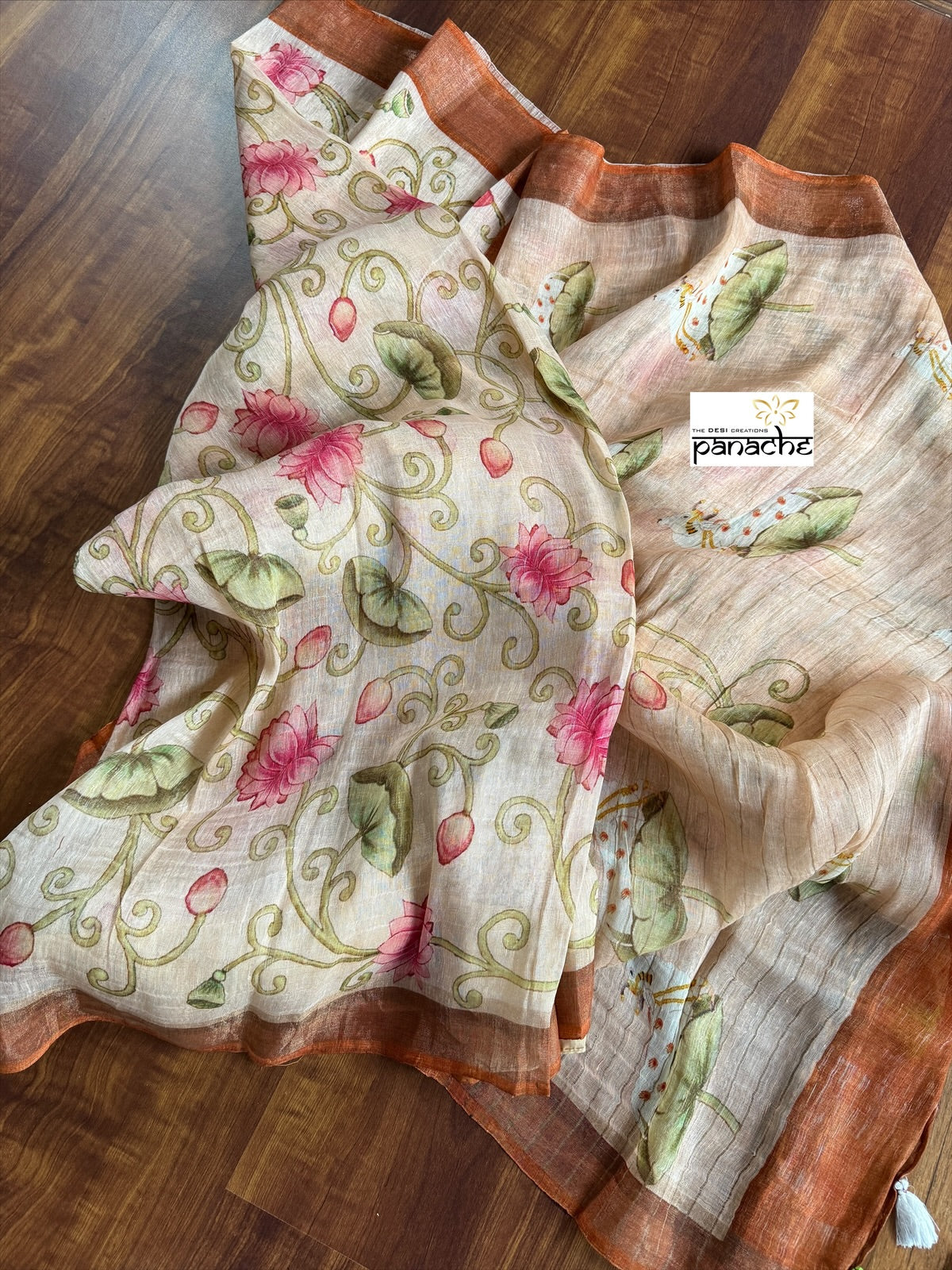 Linen Digital Print - Light Peach Green Pichwai