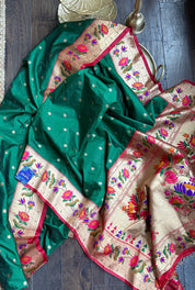 Pure Silk Paithani Single Munia - Green Red Woven