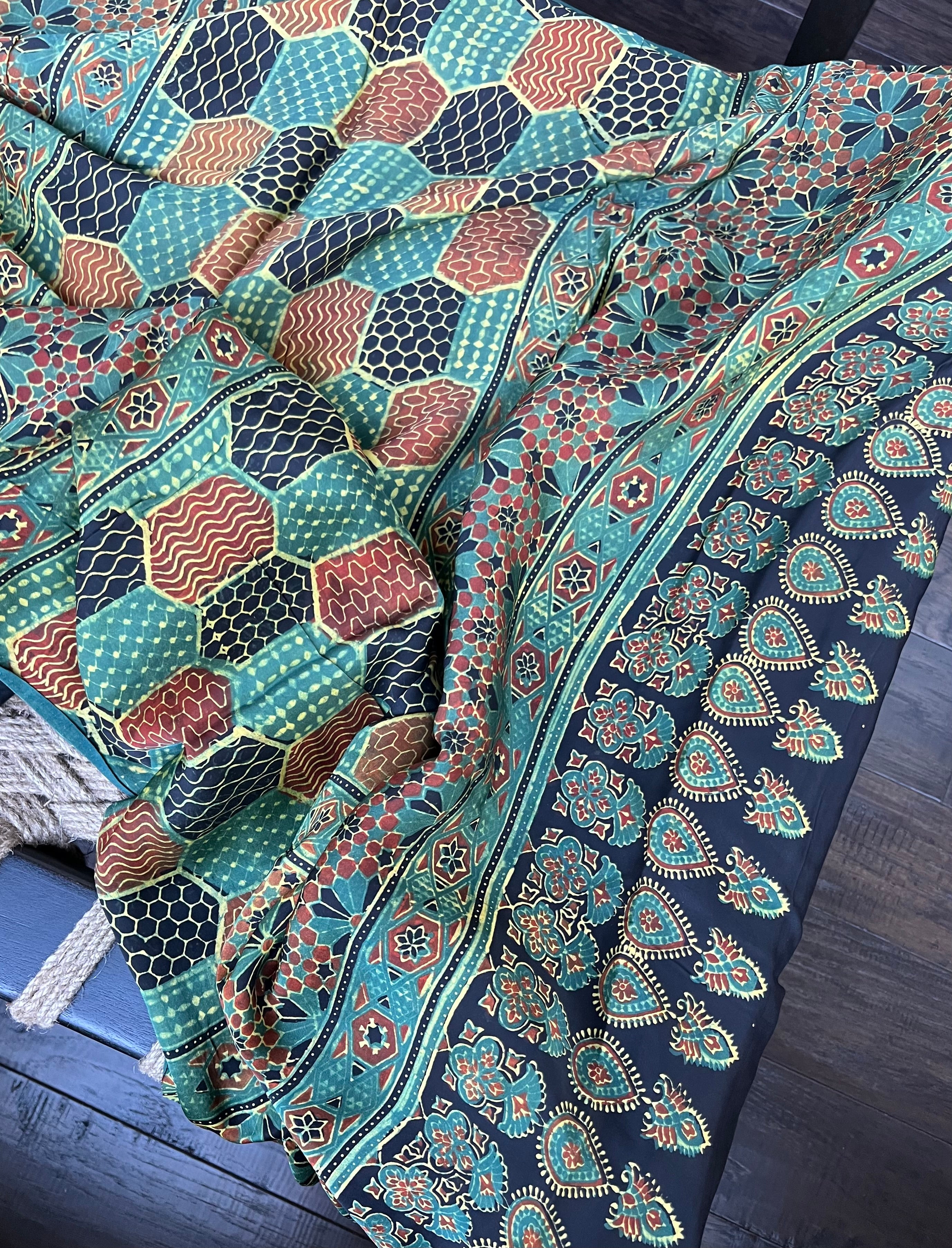 Modal Silk Ajrakh - Green Black Maroon