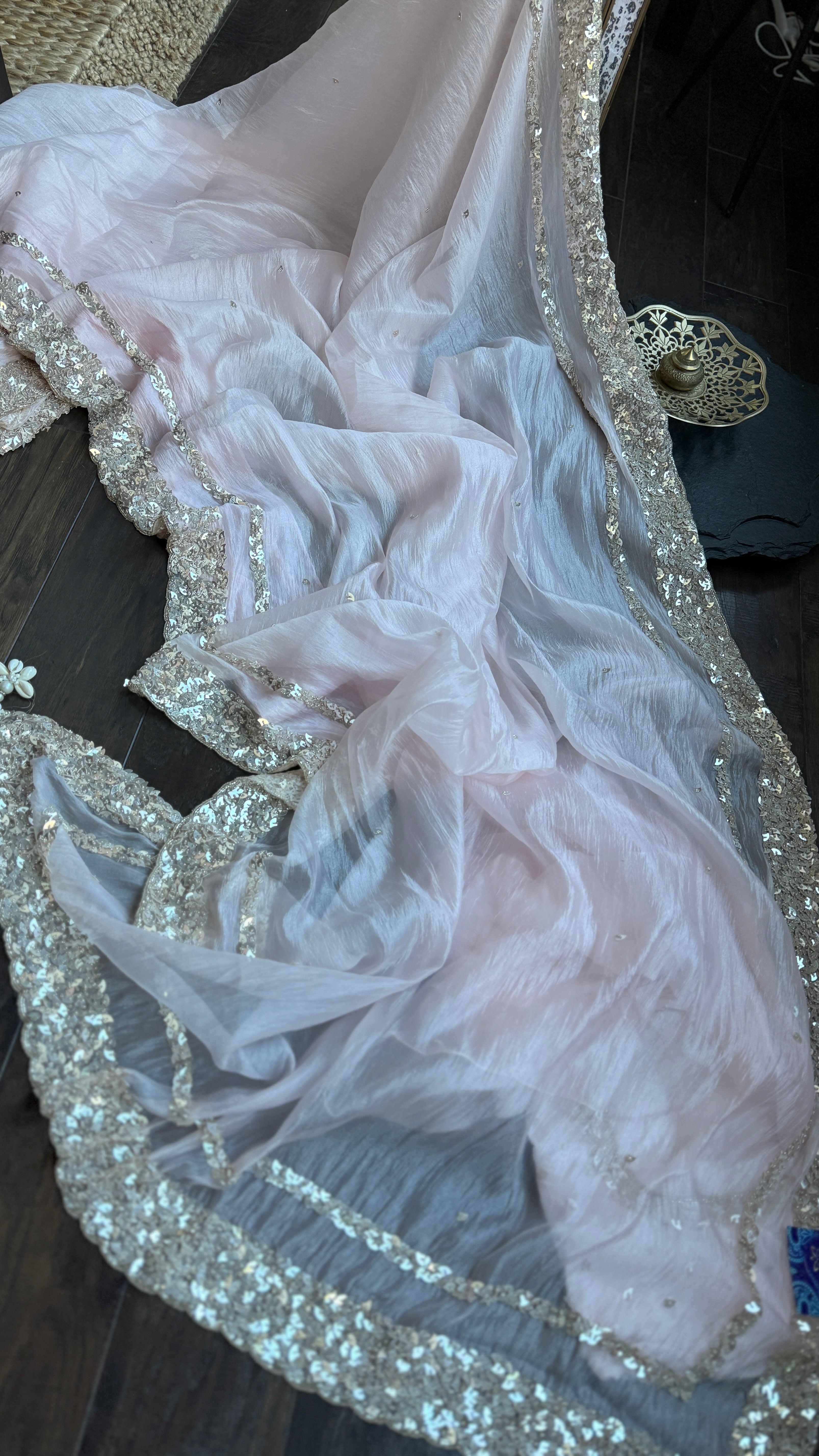 Designer Crushed Chiffon - Baby Pink Sequin Hand Work