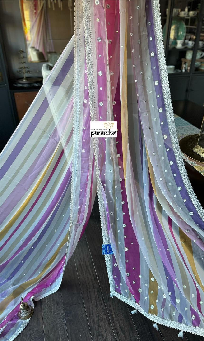 Designer Georgette Organza - Off White Multi Color Hand Embroidered