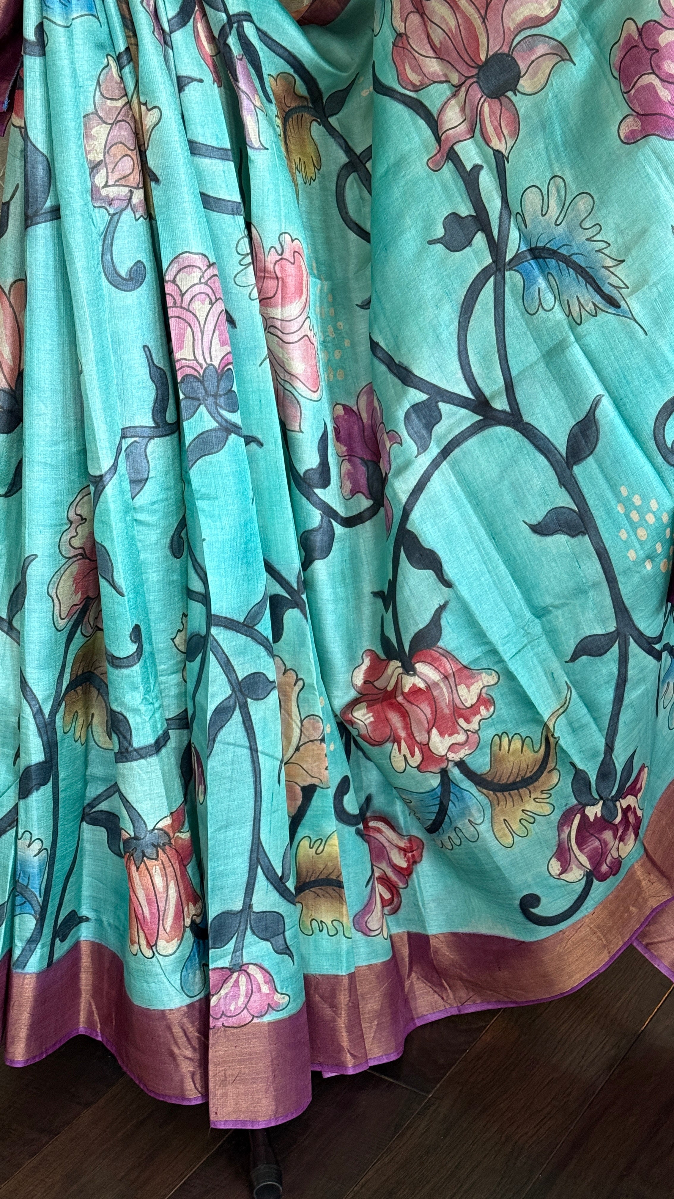 Pen Kalamkari - Aqua Blue Tussar Silk