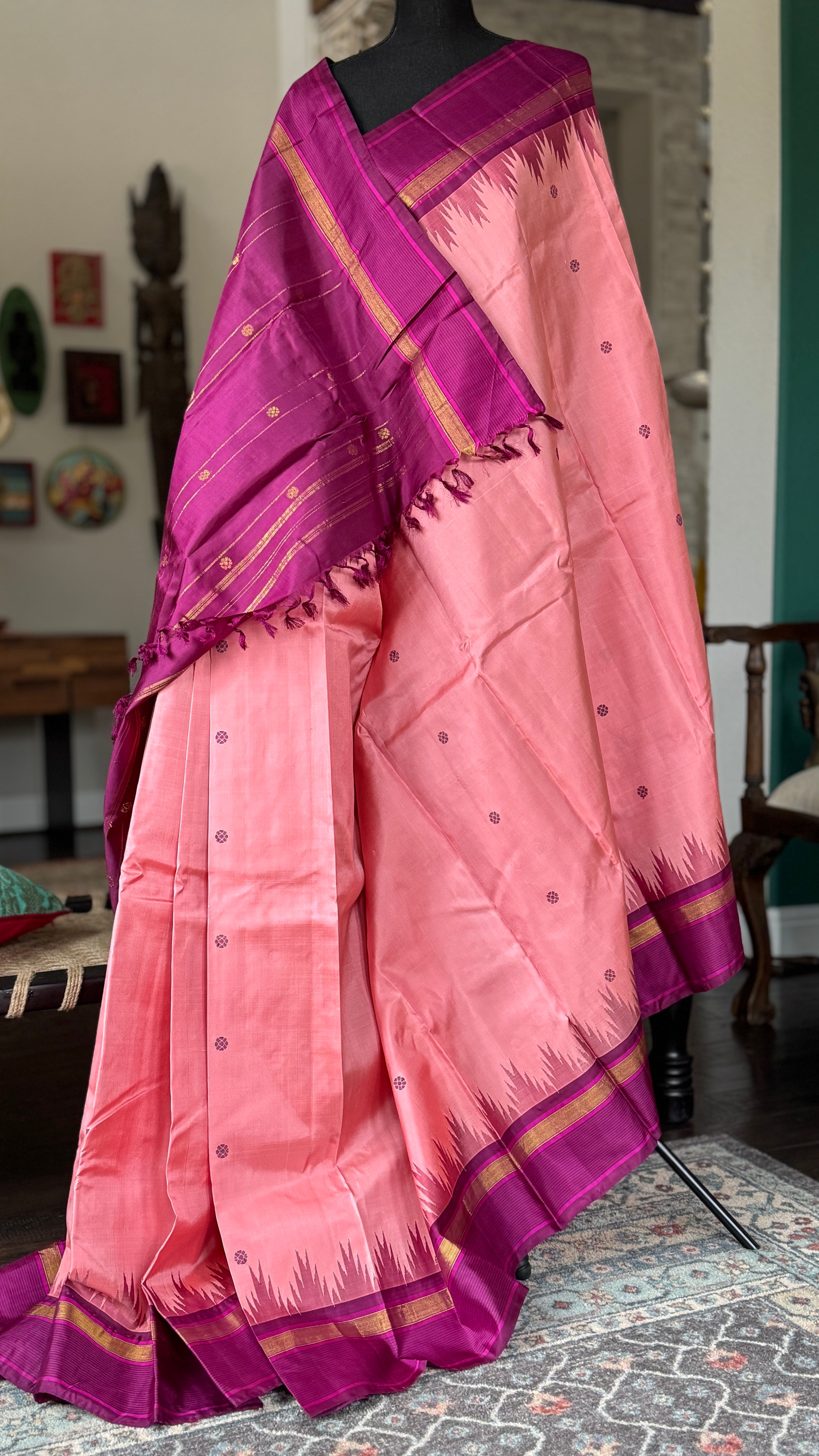 Pure Silk Korvai Kanjivaram - Pink Purple Woven