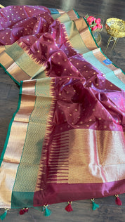 Pure Chanderi Silk - Brown Plum Green Golden Silver Zari Woven