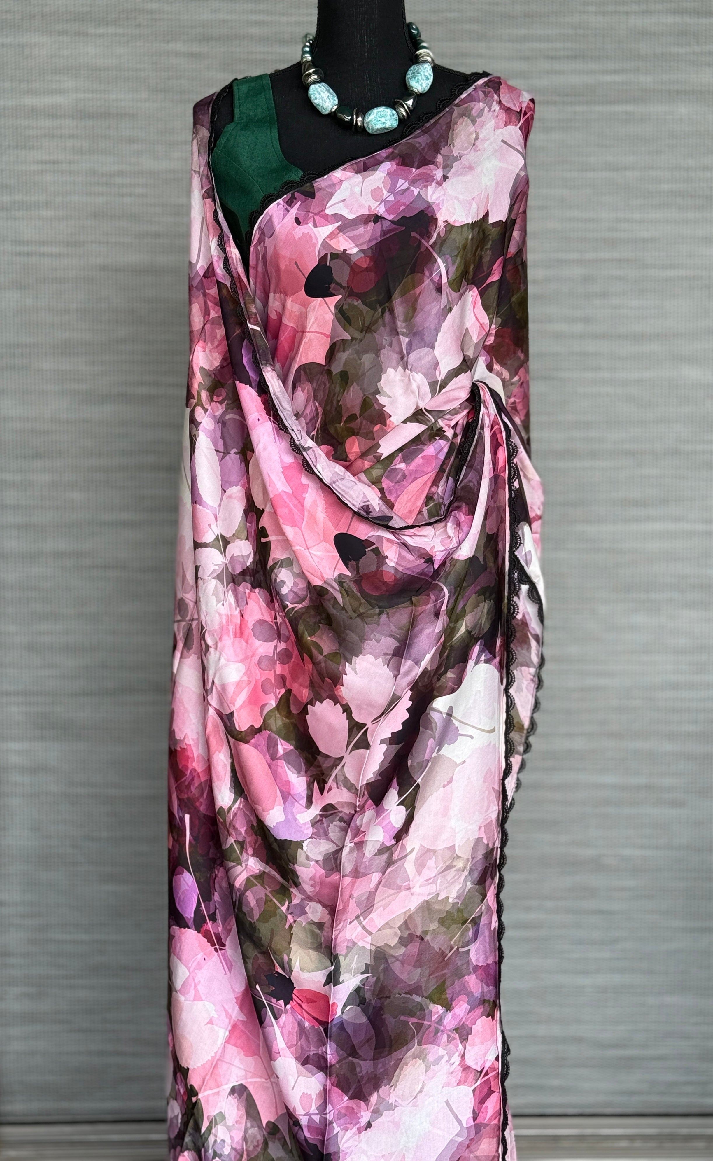 Designer Satin Maslin Silk - Green Pink Shaded Flower