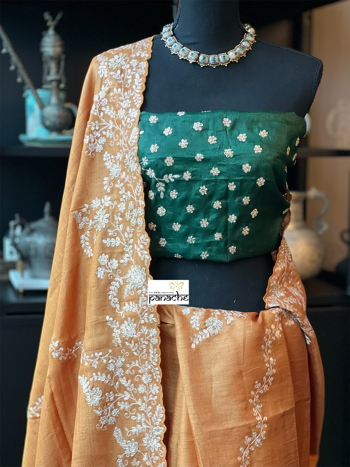 Designer Tussar Silk - Sunrise Orange Green Leheriya Hand Embroidered