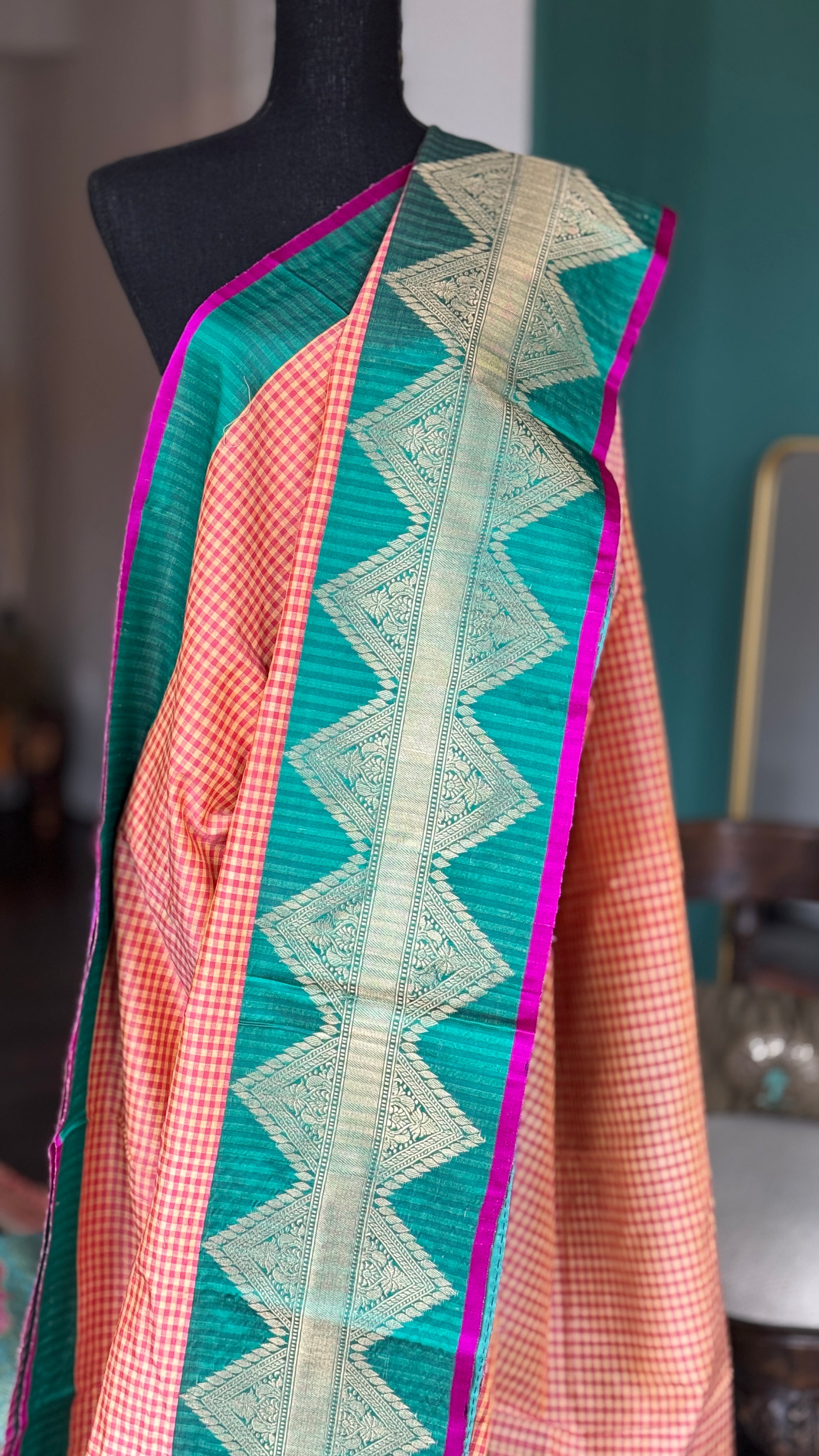 Pure Silk Katan Banarasi - Yellow Sea Green Checkered