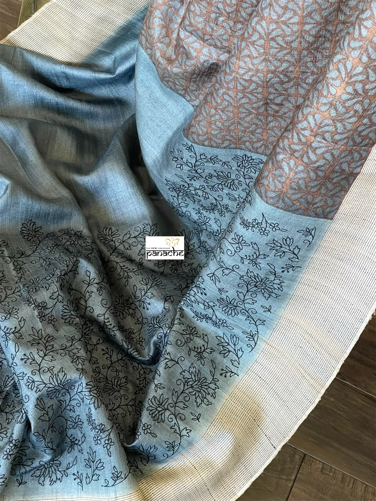 Pure Tussar Silk - Grey Brown embroidered Digital Printed