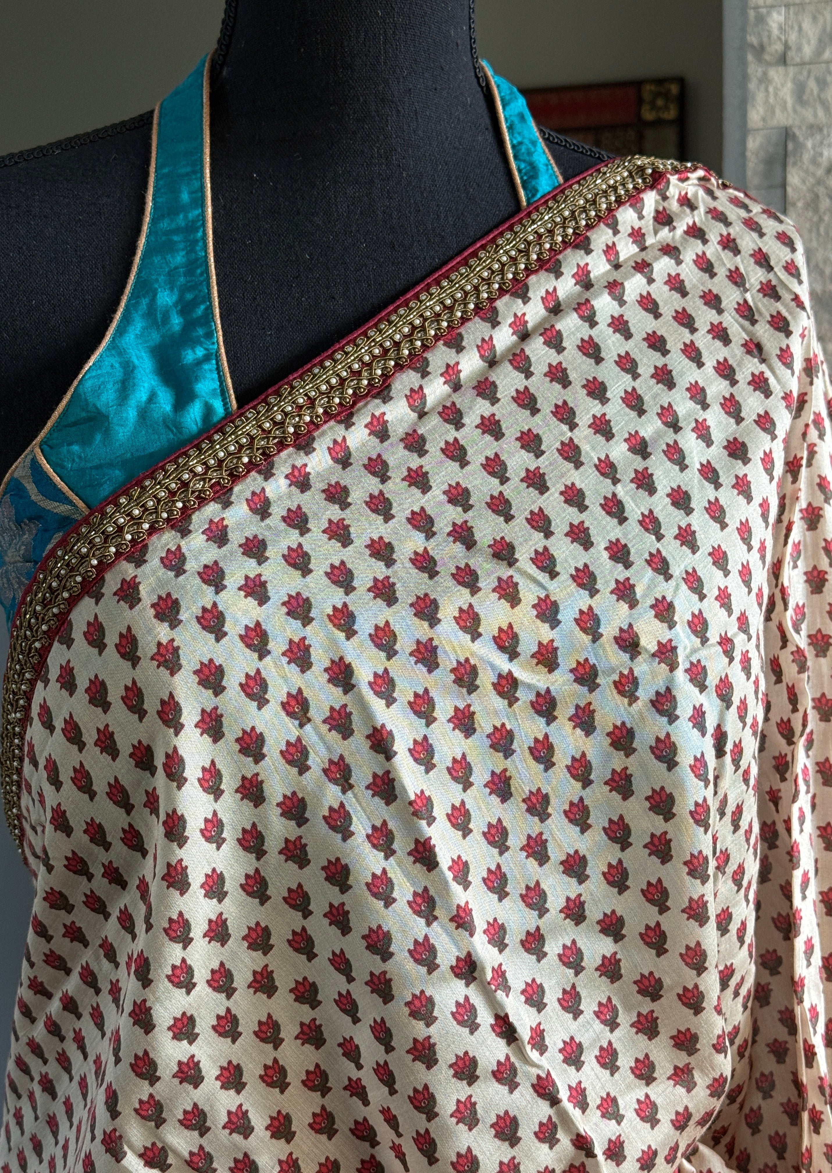 Satin Maslin Silk Printed - Beige Maroon Green