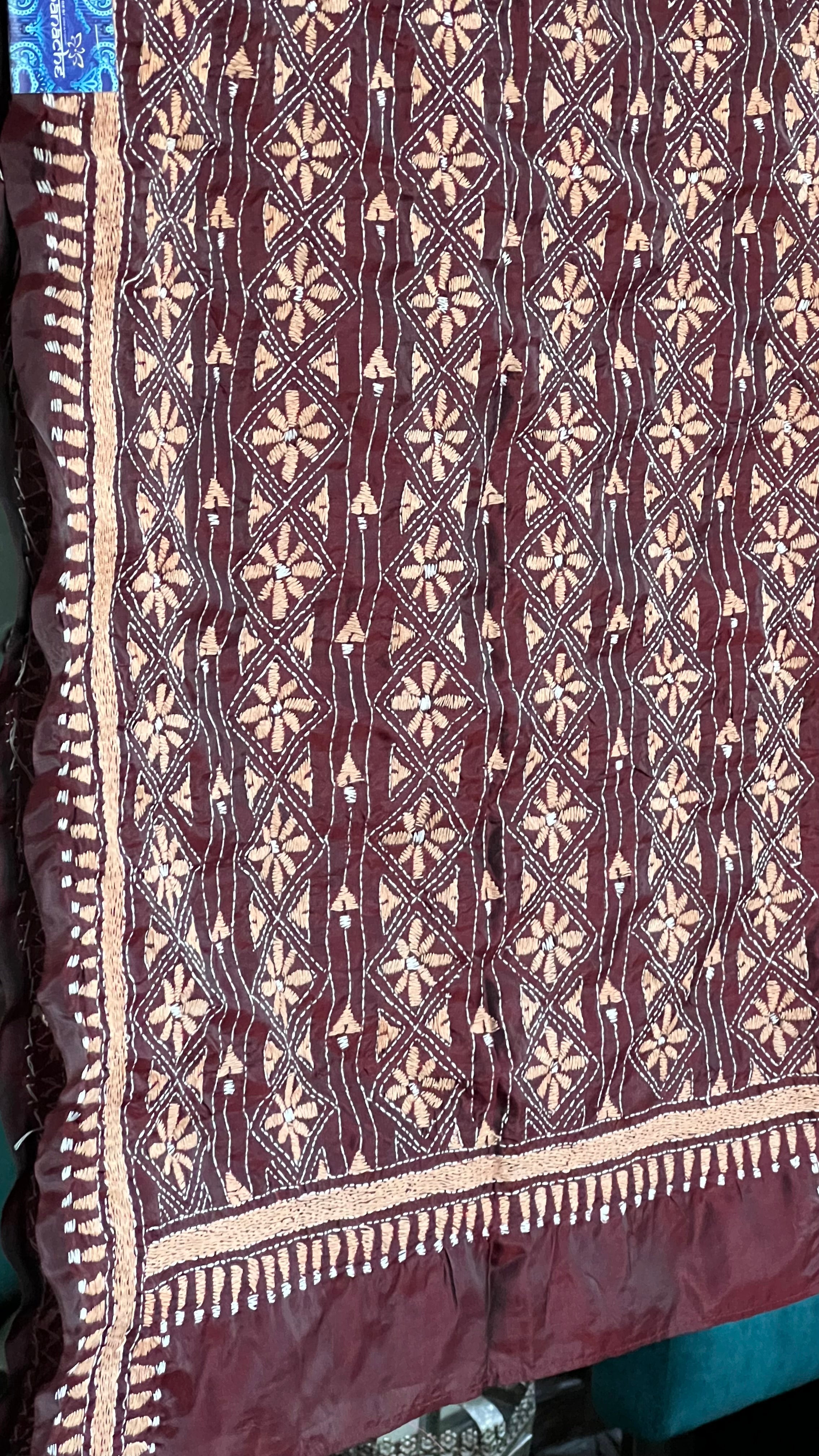 Pure Khadi Silk Stole - Wine Brown Kantha Stitch