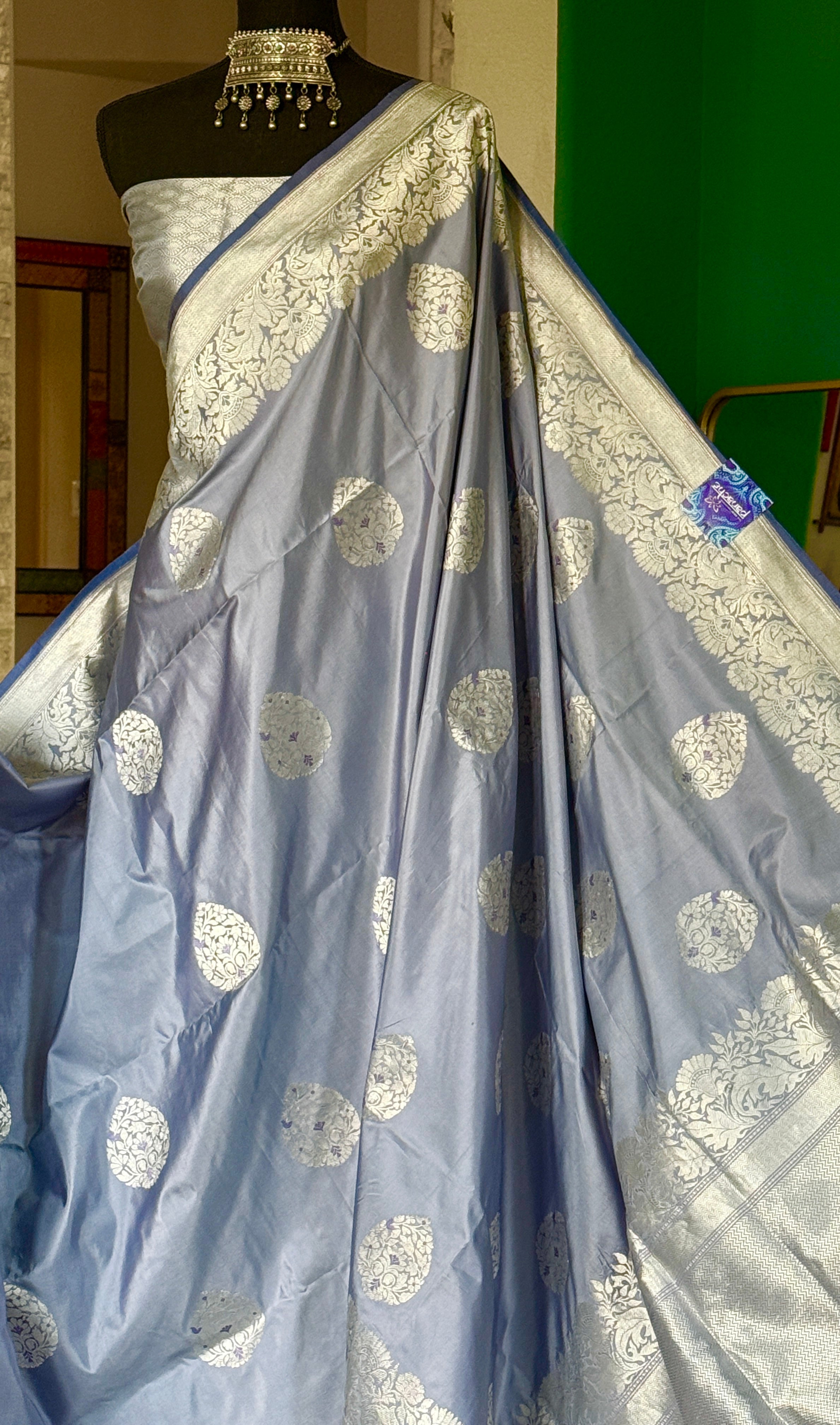 Pure Katan Silk Banarasi - Bluish Grey Meenakari Kadwa