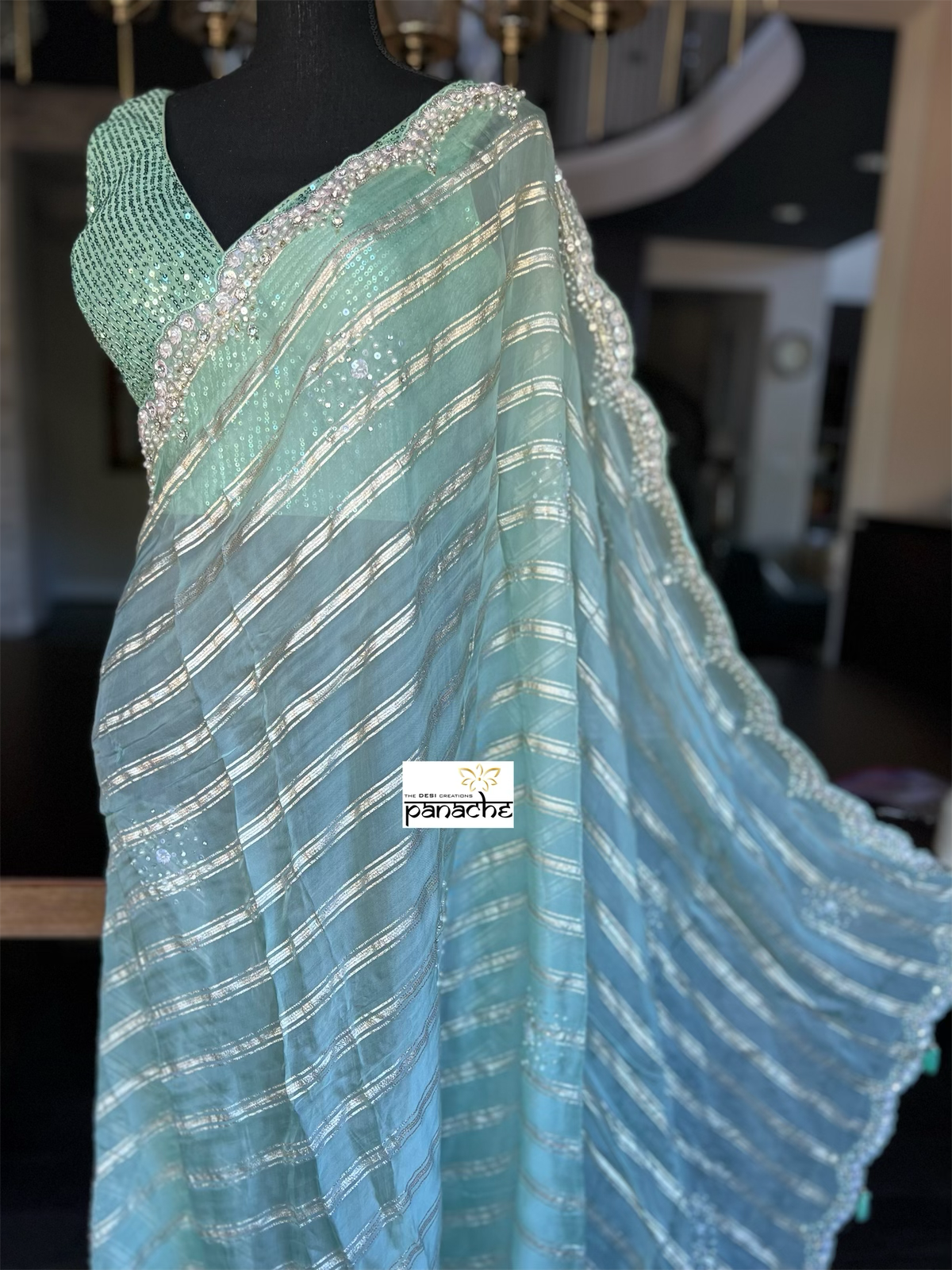 Designer Georgette Organza Hand Embroidered - Sea Green