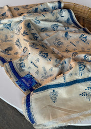 Pure Tussar Silk Stole - Beige Blue Kantha Stitch