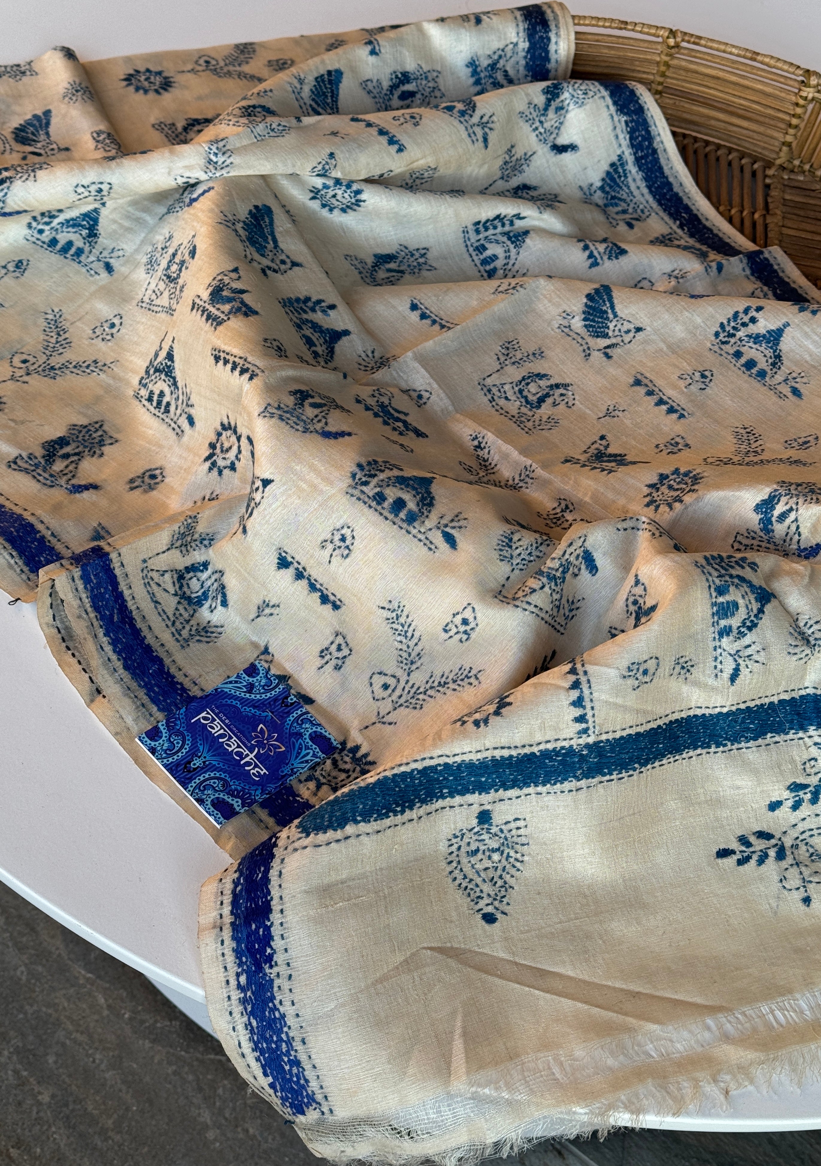 Pure Tussar Silk Stole - Beige Blue Kantha Stitch