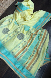 Pure Khadi Cotton Dhonekhali - Light Lemon Yellow Handwoven