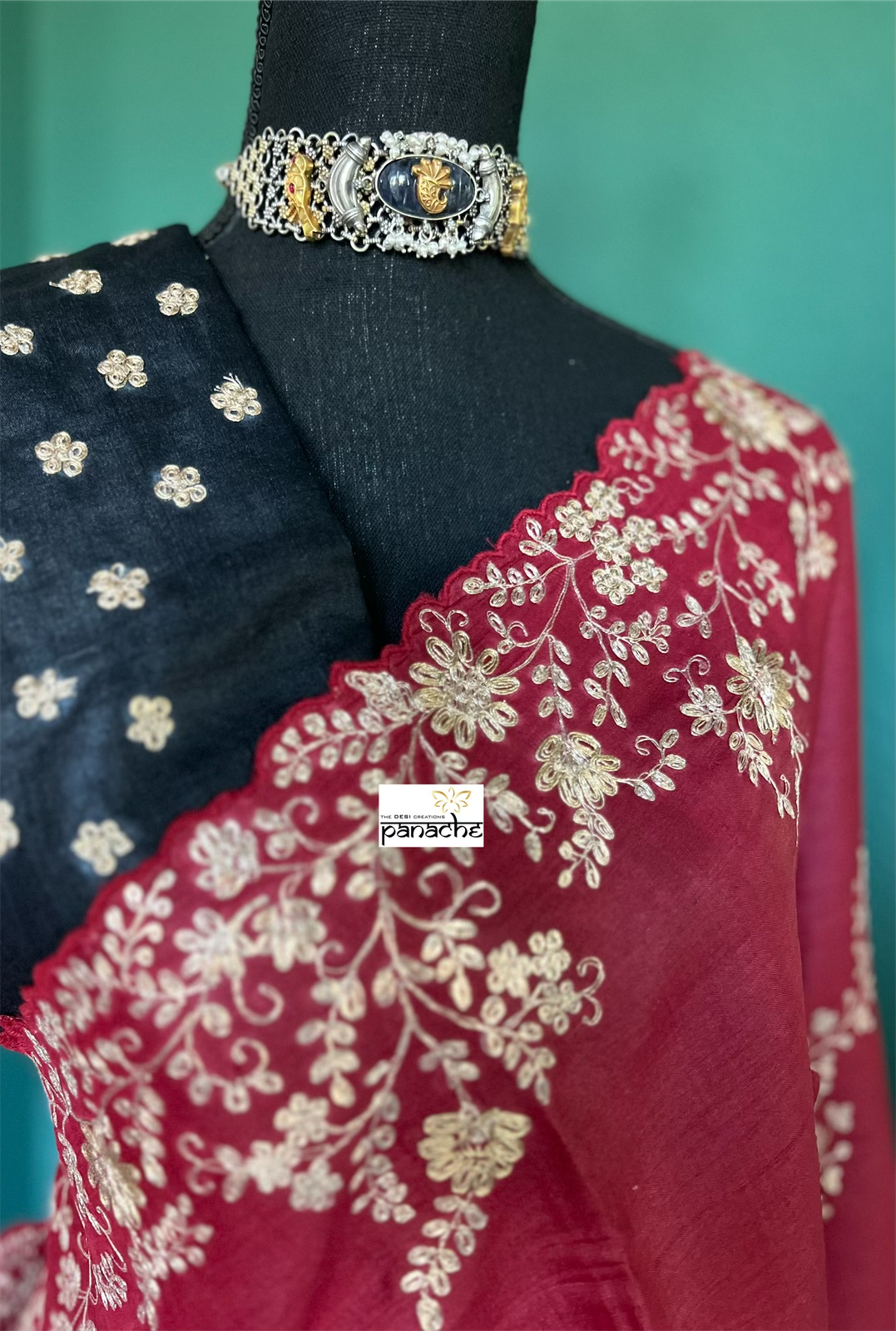 Designer Tussar Silk - Red Black Leheriya Hand Embroidered