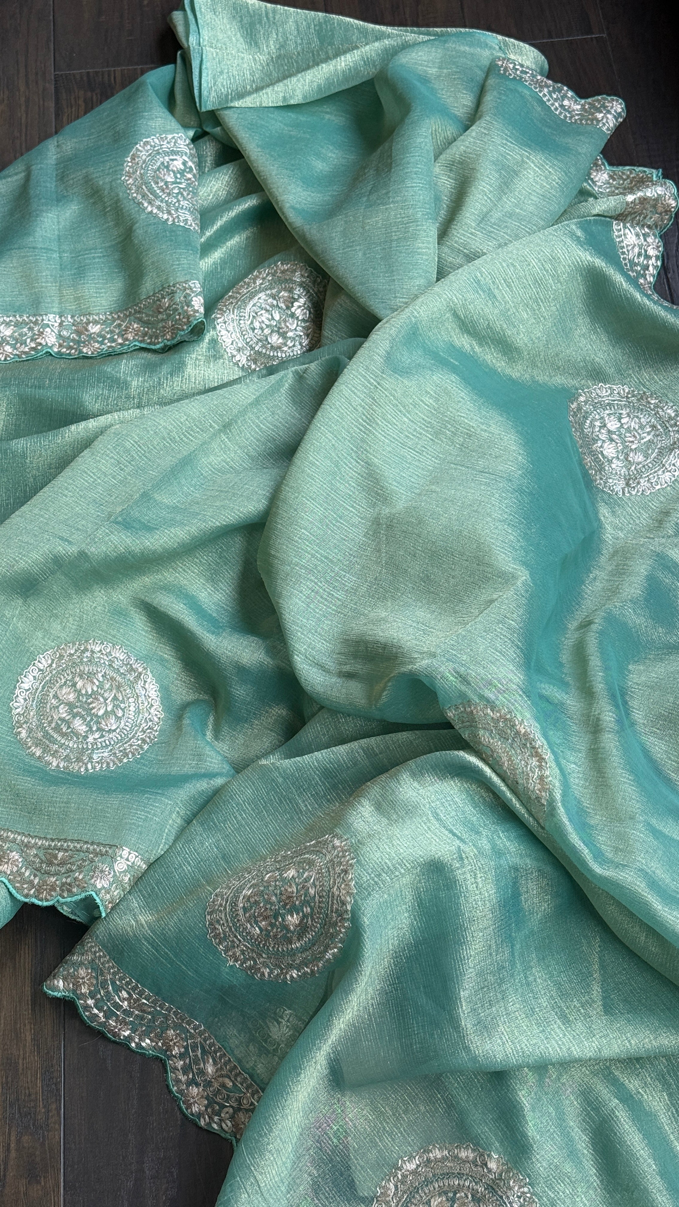 Designer Crushed Tissue Georgette - Sea Green Hand Pitta Work