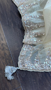 Designer Crushed Chiffon - Light Butter Yellow Sequin Hand Work