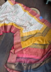 Pure Tussar Silk - Beige Red Black Yellow