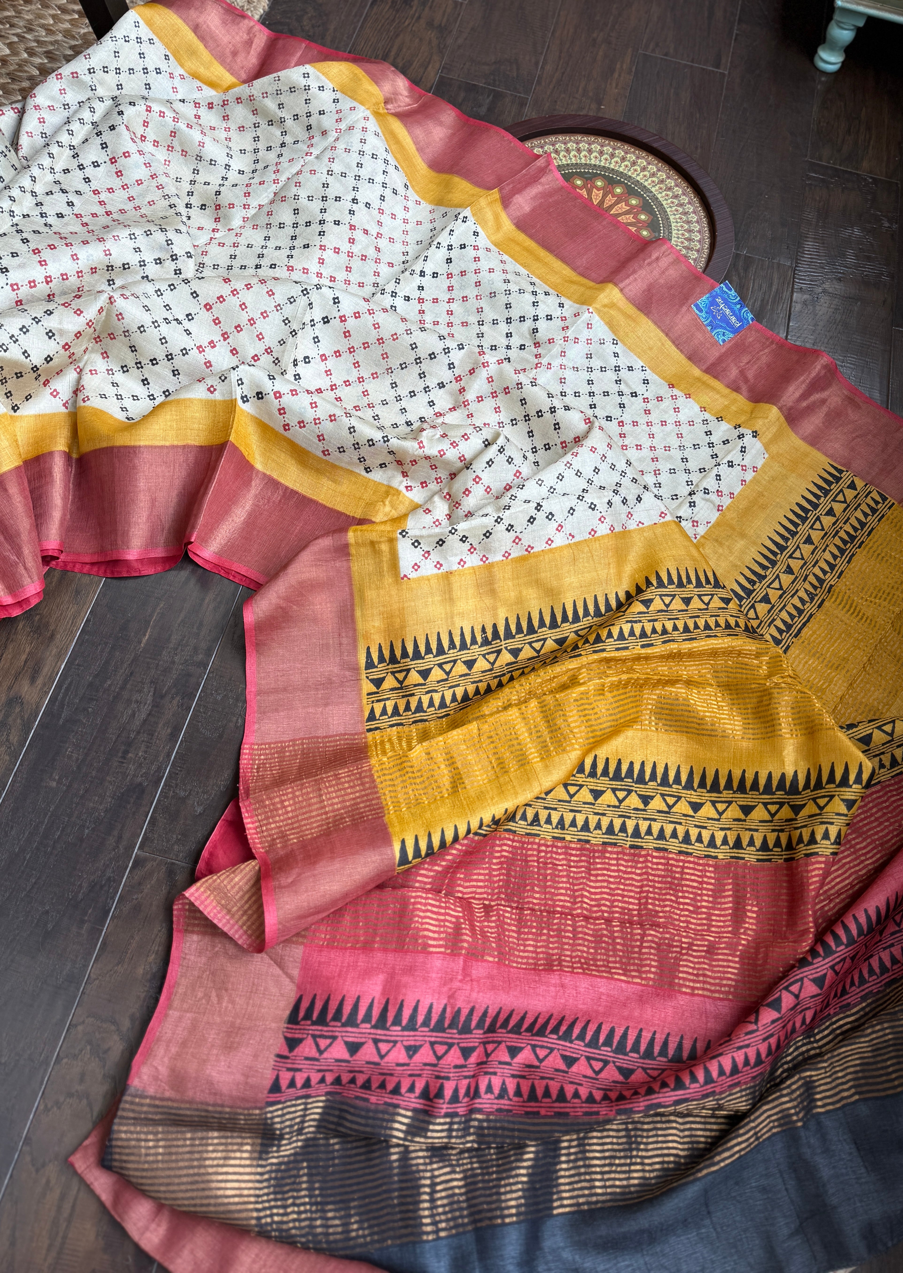 Pure Tussar Silk - Beige Red Black Yellow