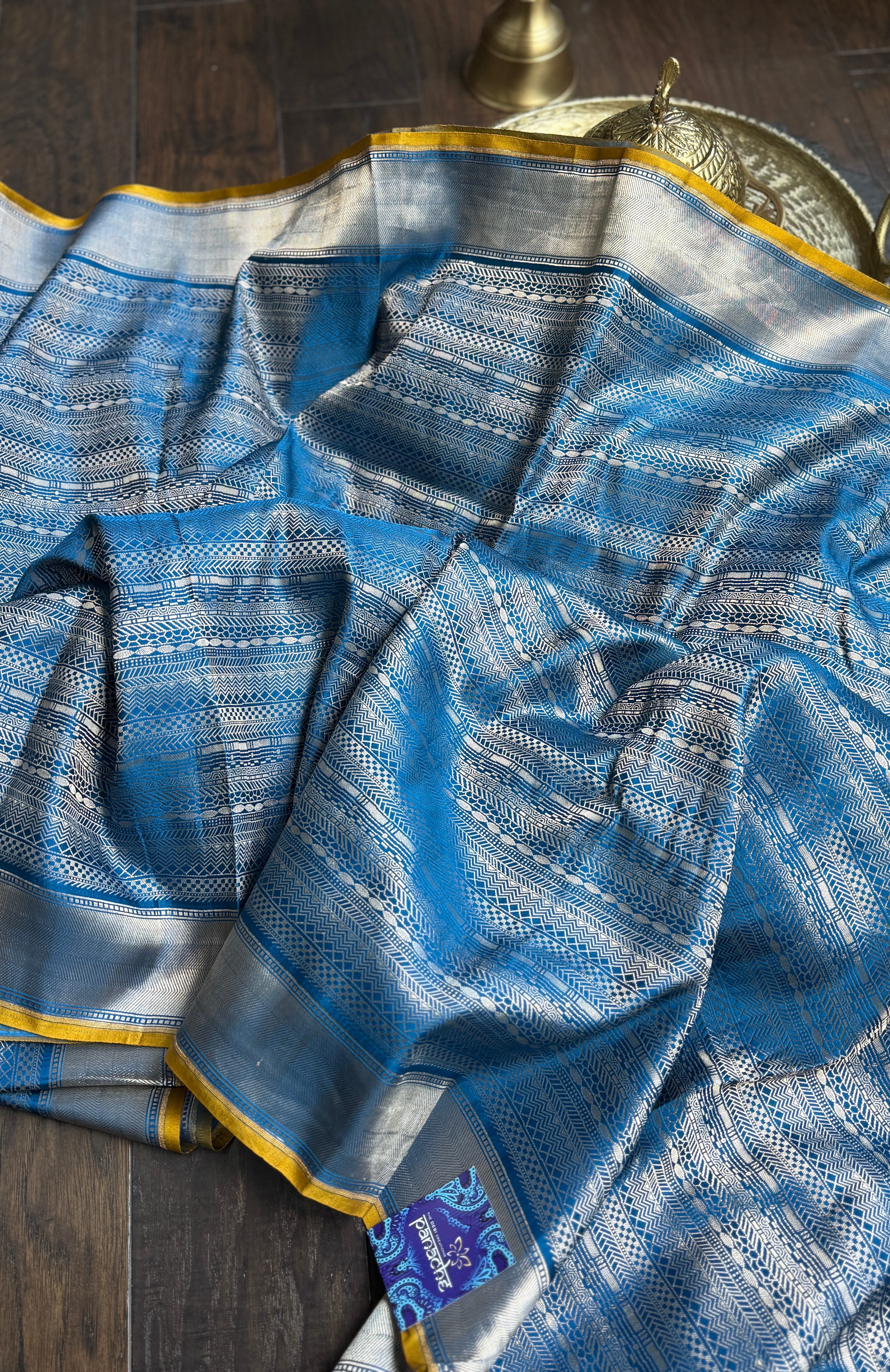 Pure Silk Brocade Banarasi- Blue Yellow