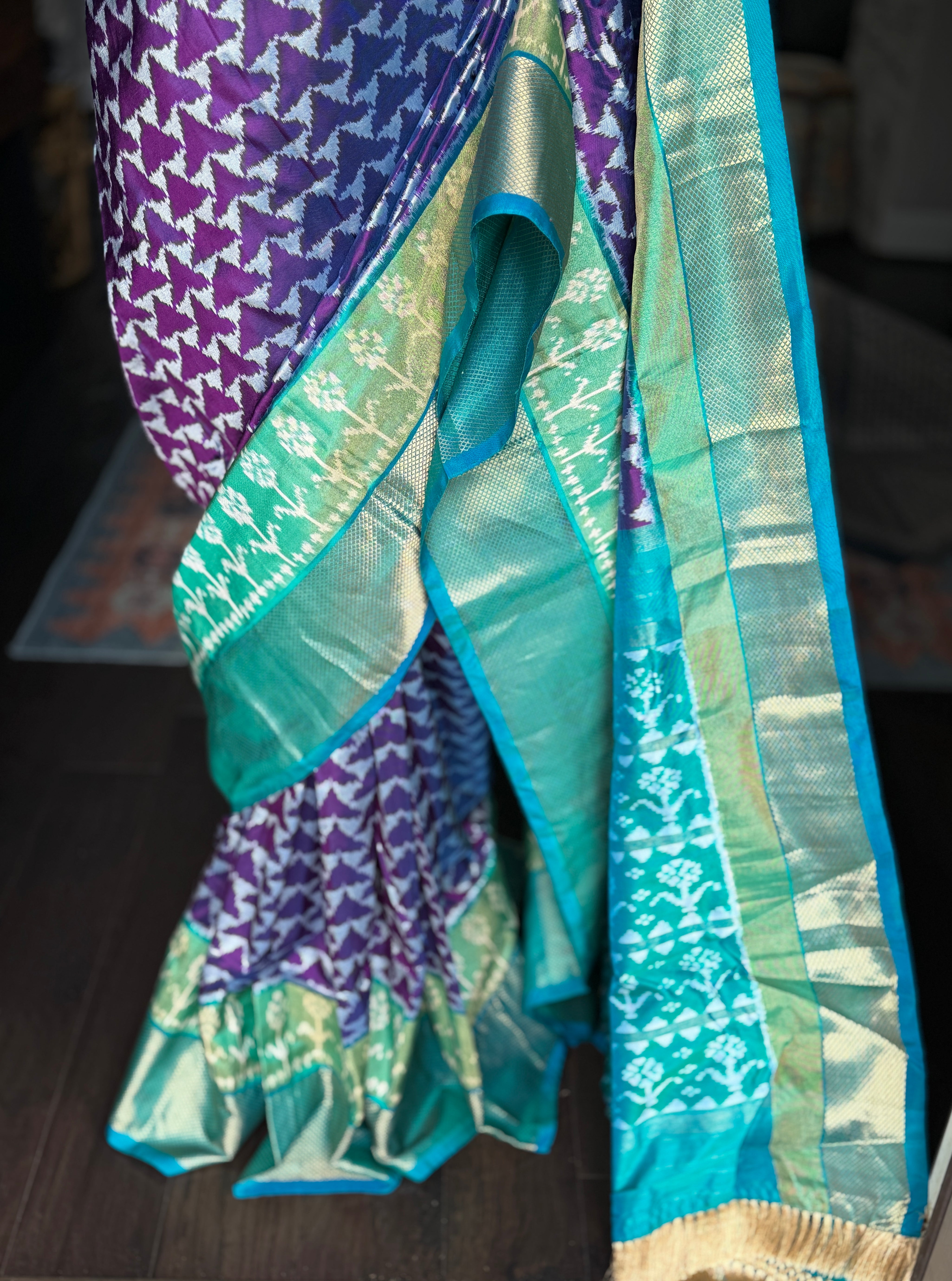 Pure Silk Ikat - Purple Sea Green Pochampally