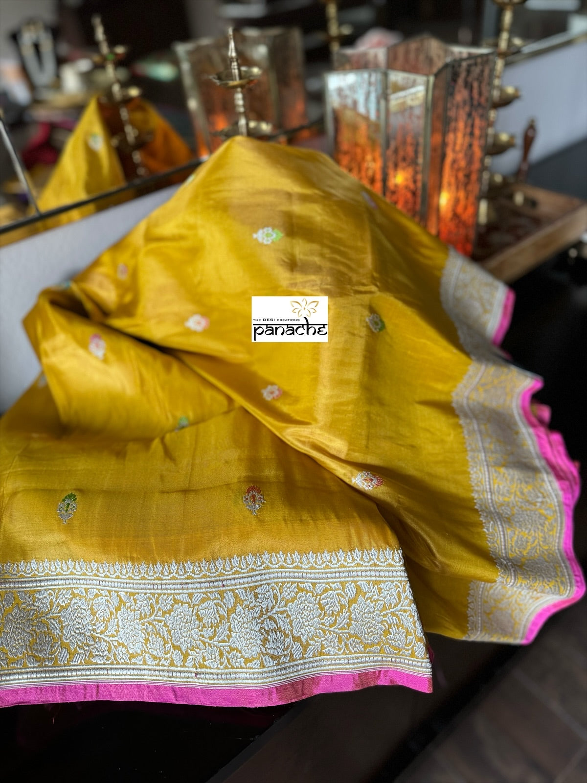 Pure Tissue Katan Silk Banarasi - Yellow Pink Woven