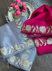 Designer Tissue Organza Embroidered - Silver Grey