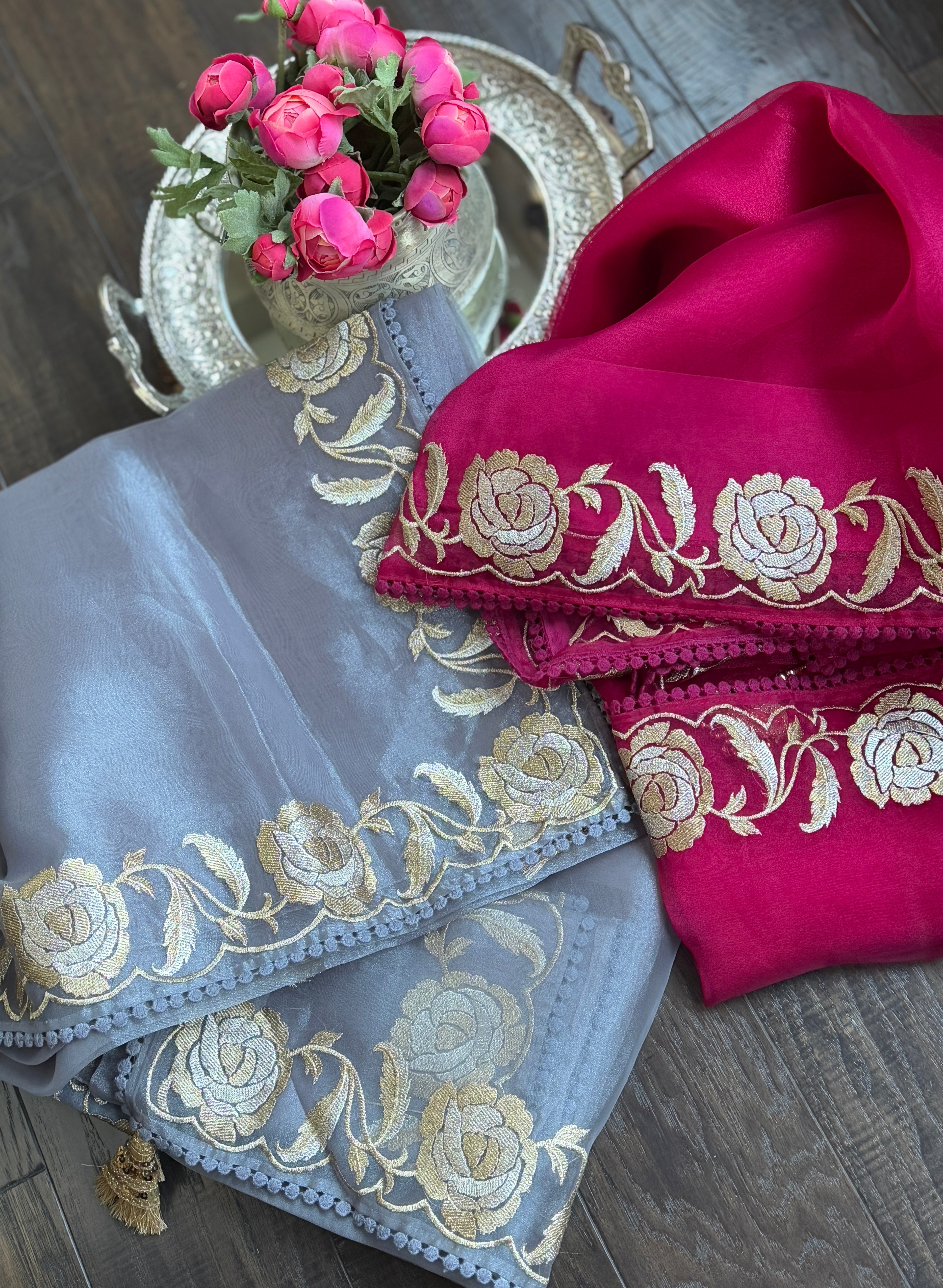 Designer Tissue Organza Embroidered - Silver Grey